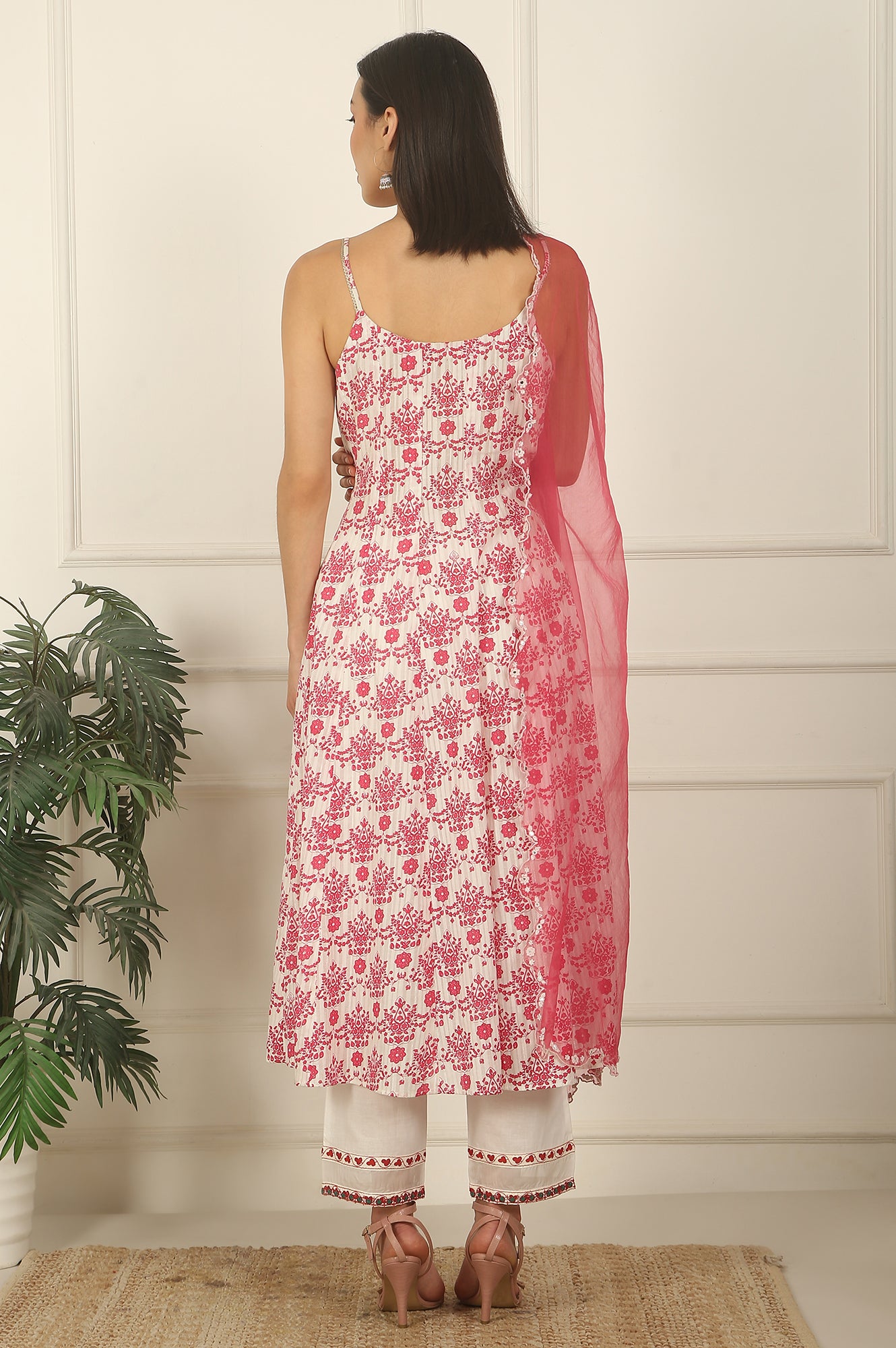 White and Pink Printed Cotton Lurex Anarkali Spaghetti Kurta, Pants and Dupatta Set