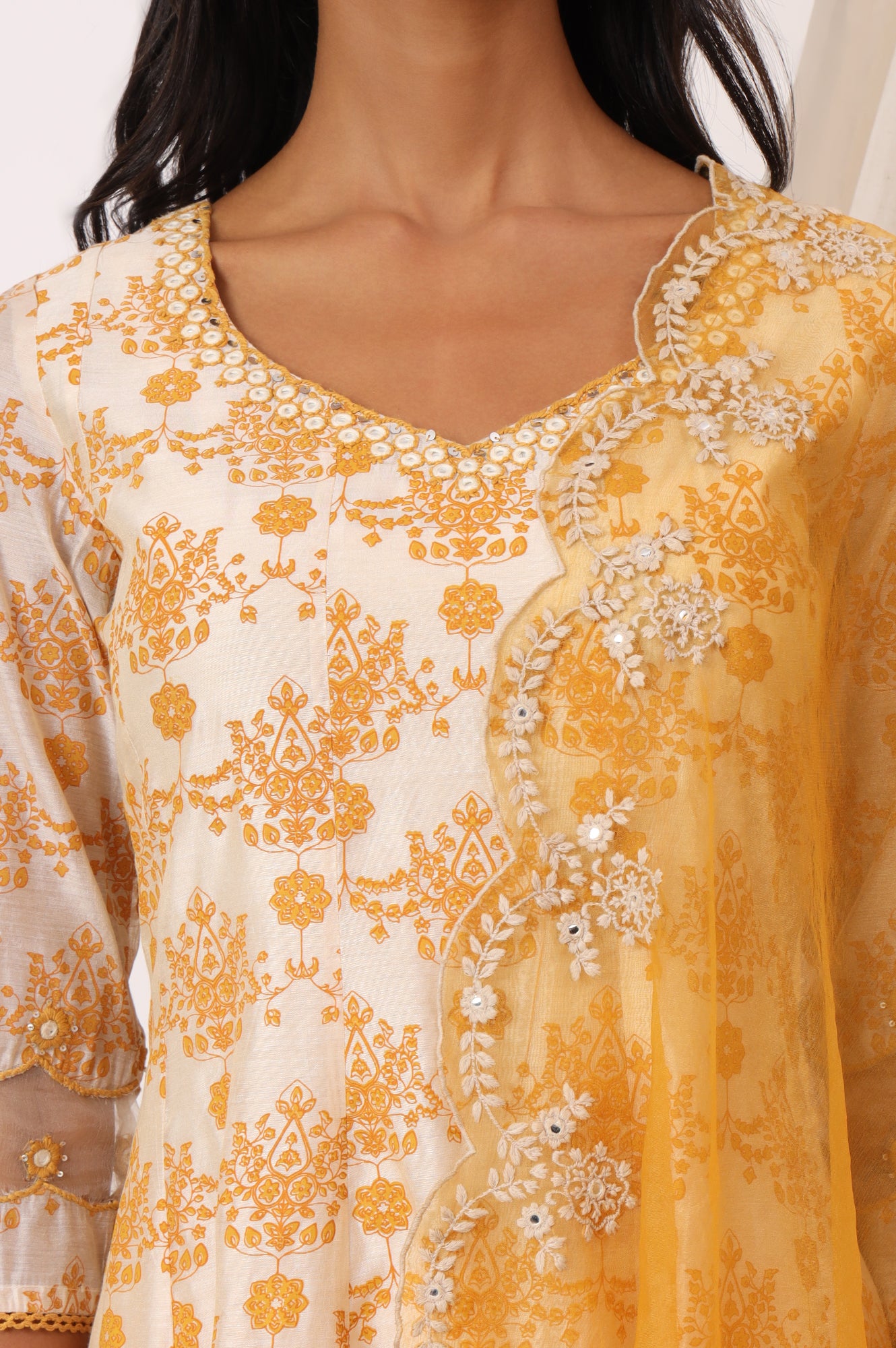 Cream and Yellow Printed Chanderi Anarkali Kurta, Pants and Dupatta Set