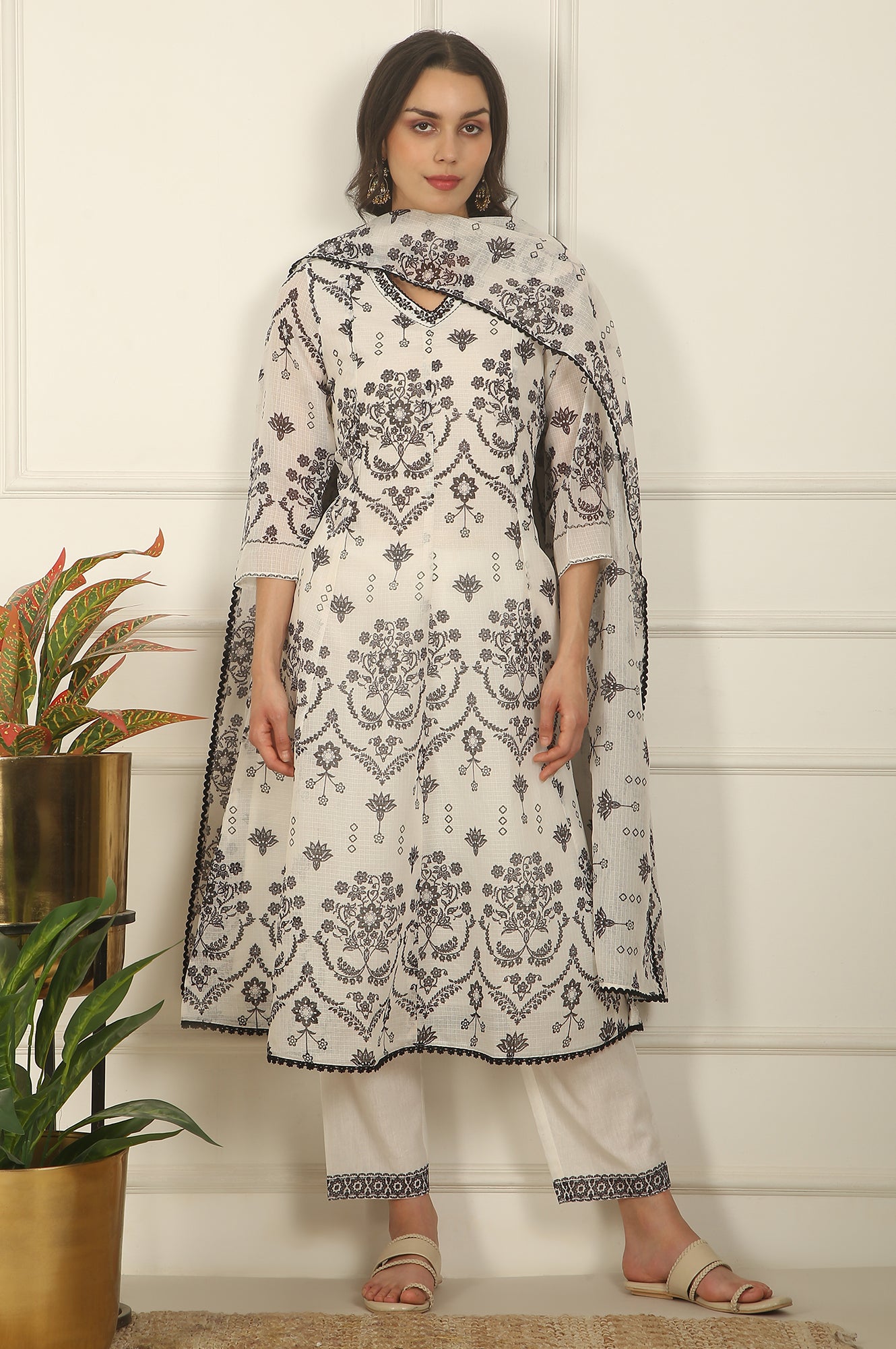 White and Black Floral Printed Kota Flared Kurta, Pants and Dupatta Set