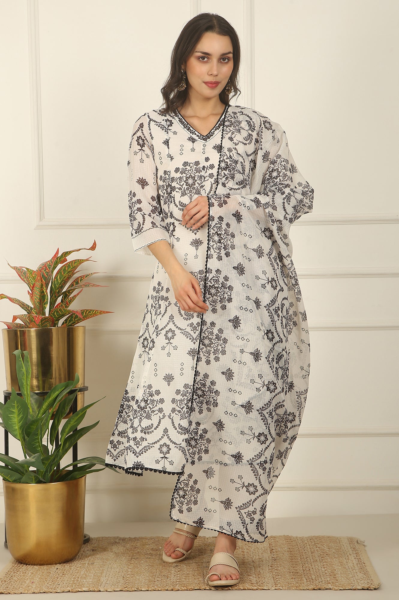 White and Black Floral Printed Kota Flared Kurta, Pants and Dupatta Set