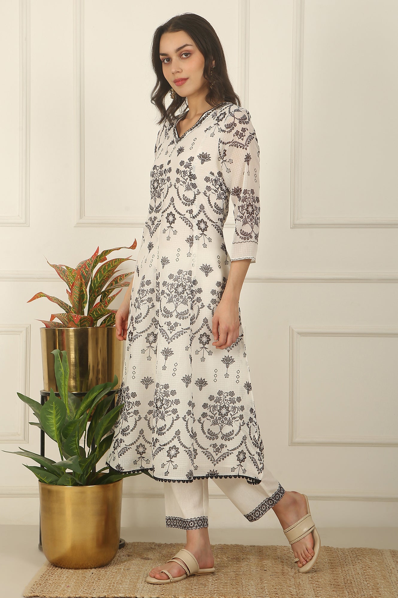 White and Black Floral Printed Kota Flared Kurta, Pants and Dupatta Set