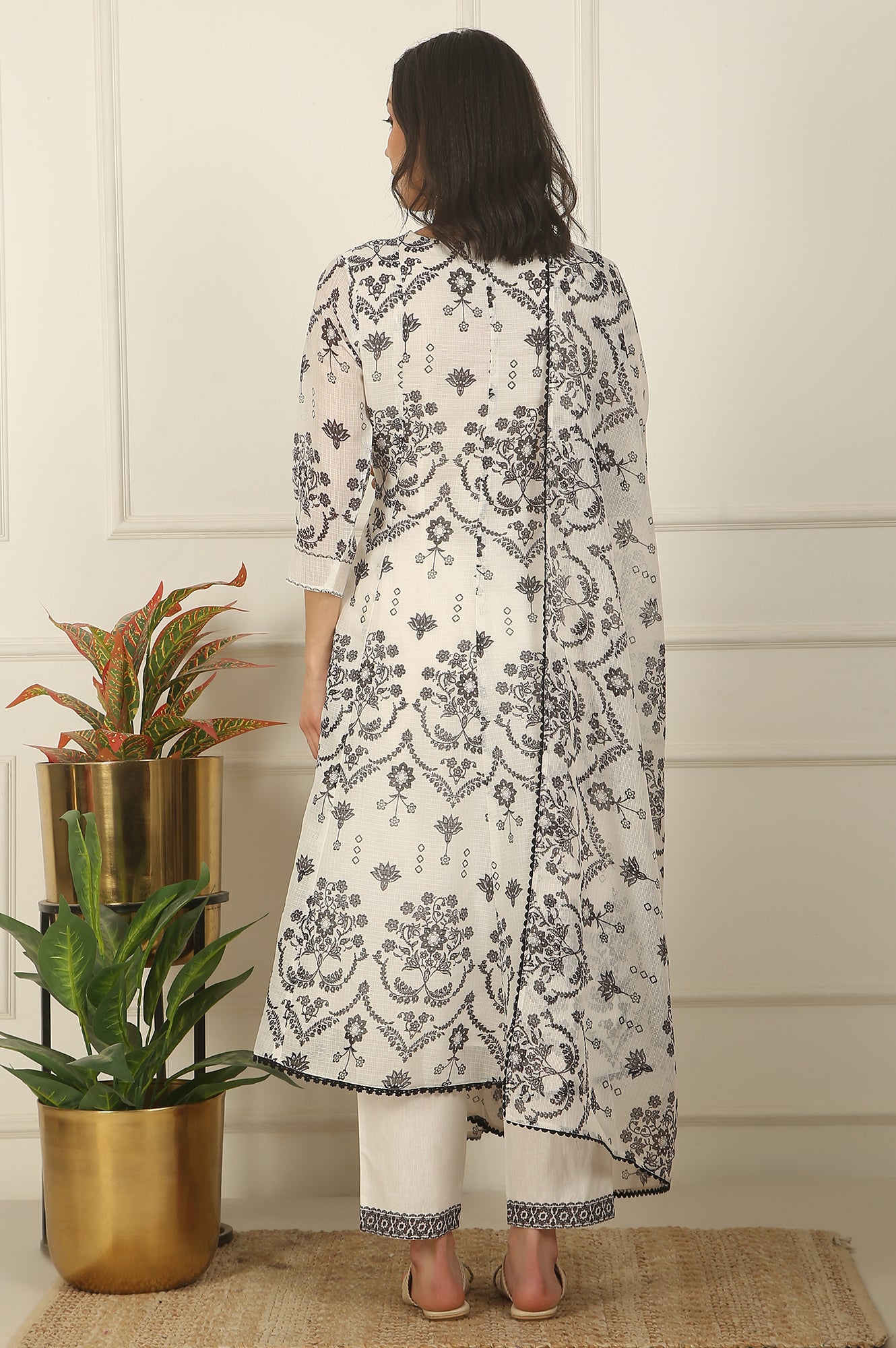 White and Black Floral Printed Kota Flared Kurta, Pants and Dupatta Set