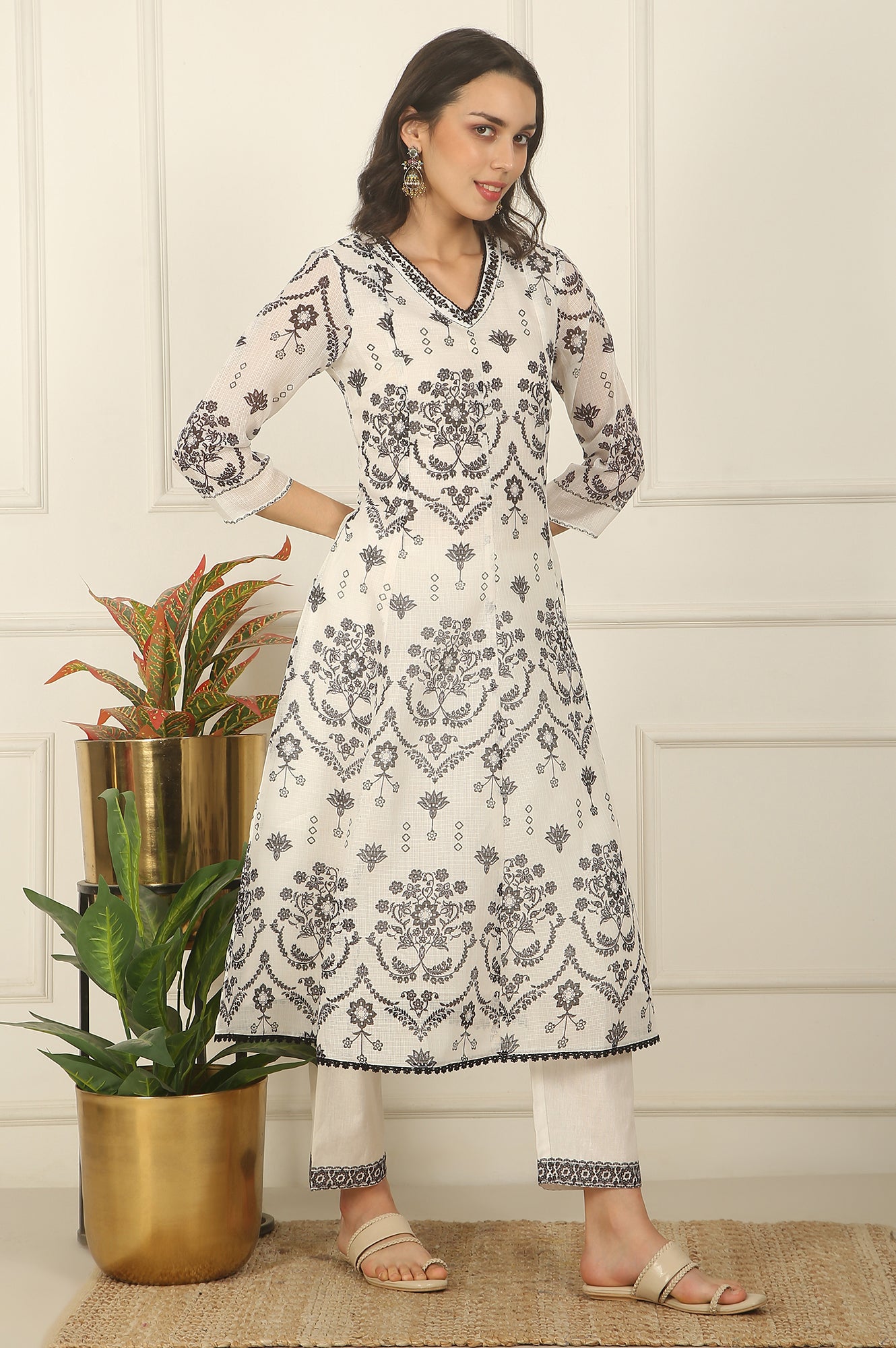 White and Black Floral Printed Kota Flared Kurta, Pants and Dupatta Set