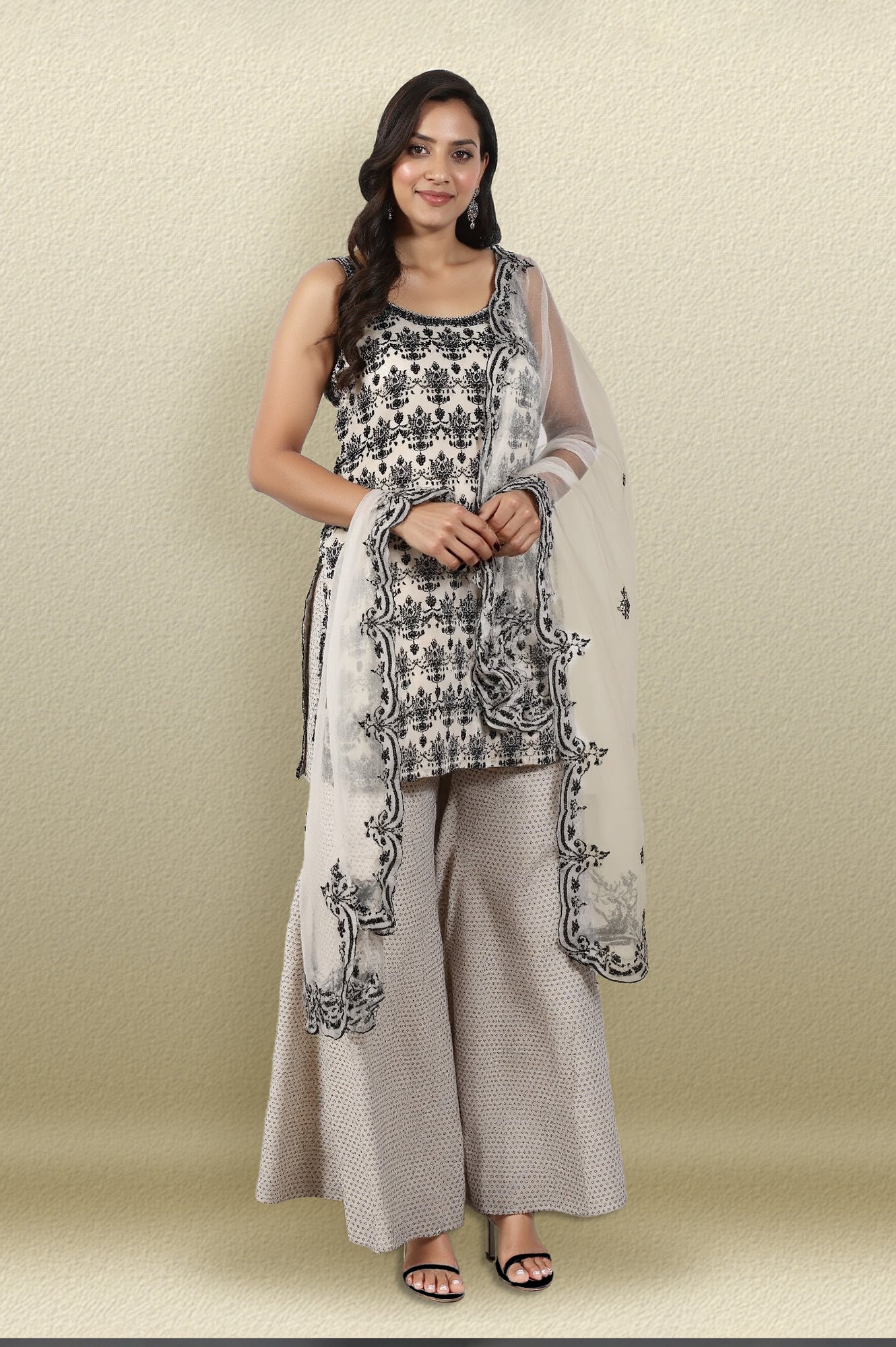 Off-White and Black Floral Printed Chanderi Short Kurta and Sharara Set with Dupatta