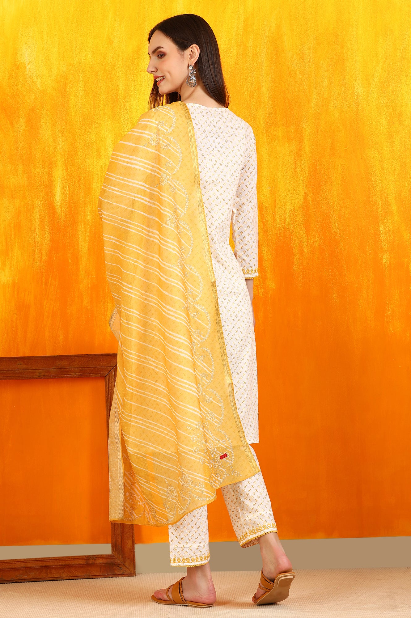 White Dot Printed Embroidered Pure Cotton Straight Kurta, Pants and Dupatta Set
