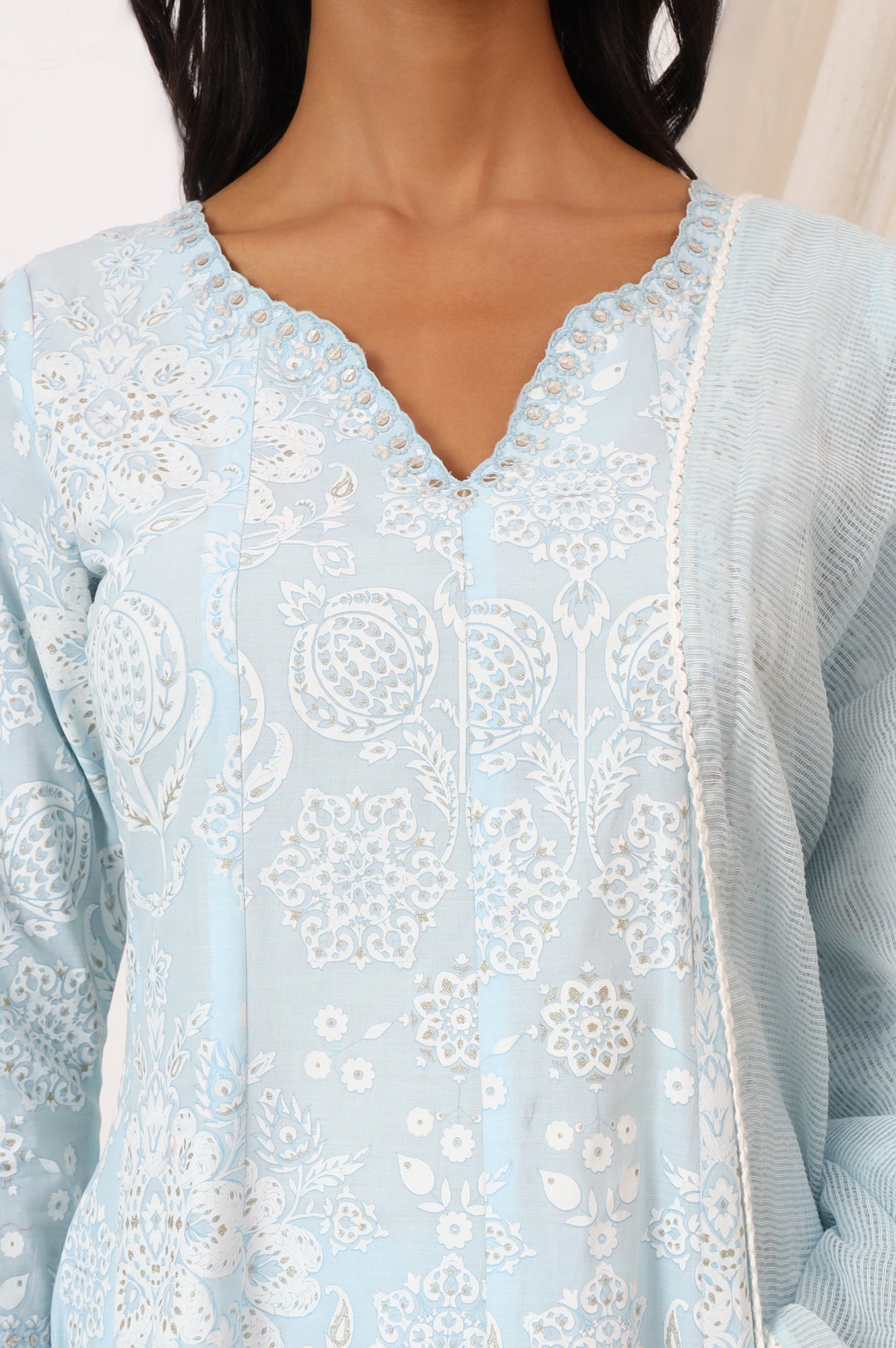 Sky Blue Printed Pure Cotton Anarkali Kurta, Pants and Dupatta Set