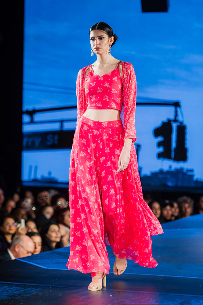Pink Bandhani Printed Chiffon Gillet, Spaghetti Crop Top and Flared Culottes Set