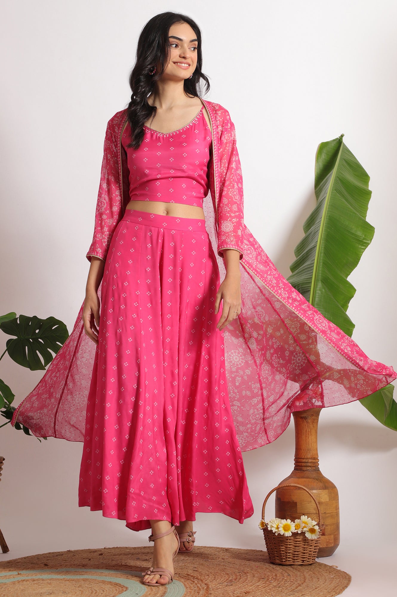 Pink Bandhani Printed Chiffon Gillet, Spaghetti Crop Top and Flared Culottes Set