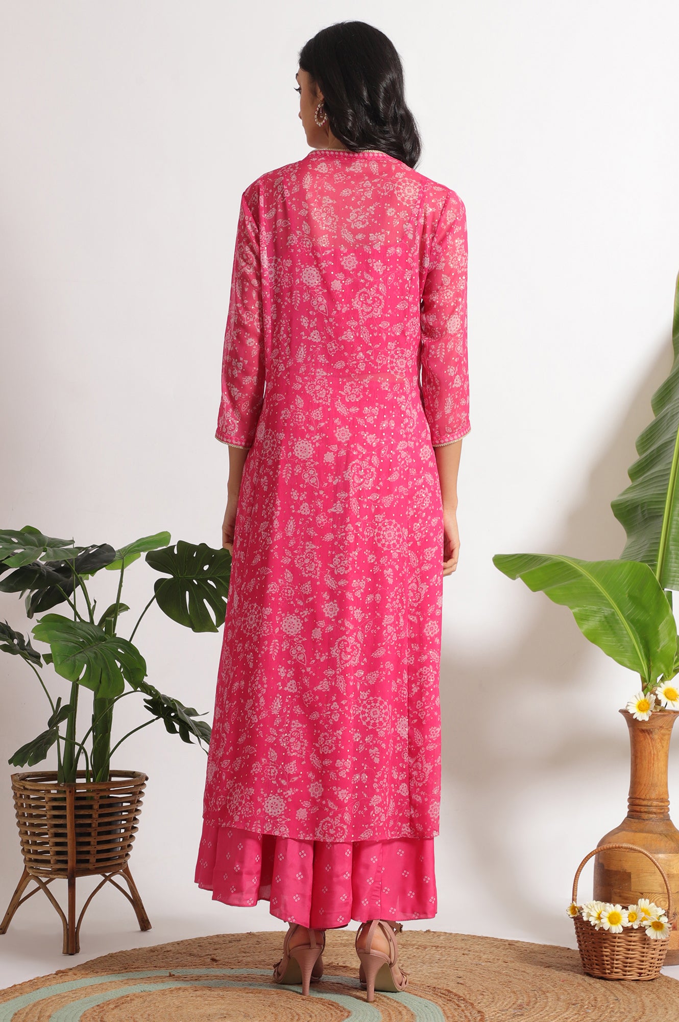 Pink Bandhani Printed Chiffon Gillet, Spaghetti Crop Top and Flared Culottes Set