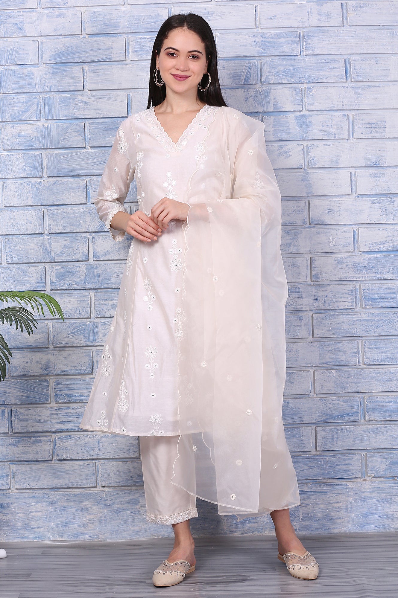 Cream Mirror Work Embroidered Chanderi Flared Kurta, Pants and Dupatta Set