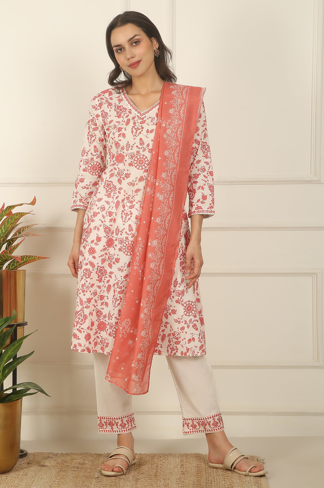 White and Orange Floral Printed Pure Cotton Flared Kurta, Pants and Dupatta Set