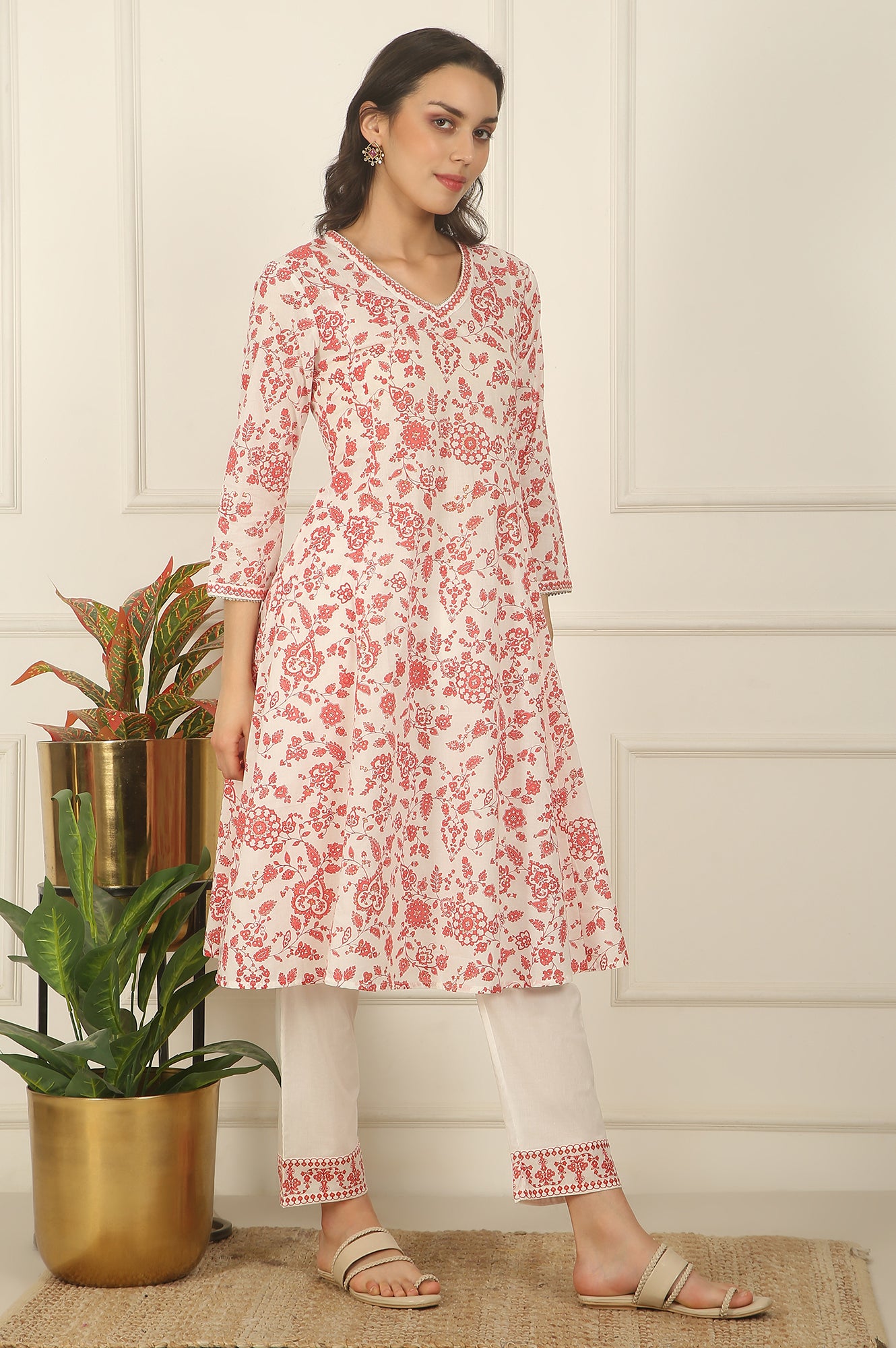 White and Orange Floral Printed Pure Cotton Flared Kurta, Pants and Dupatta Set