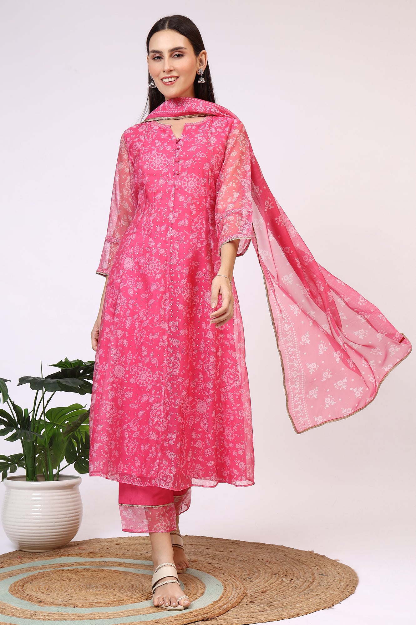 Pink Printed Organza A-line Kurta, Pants and Dupatta Set