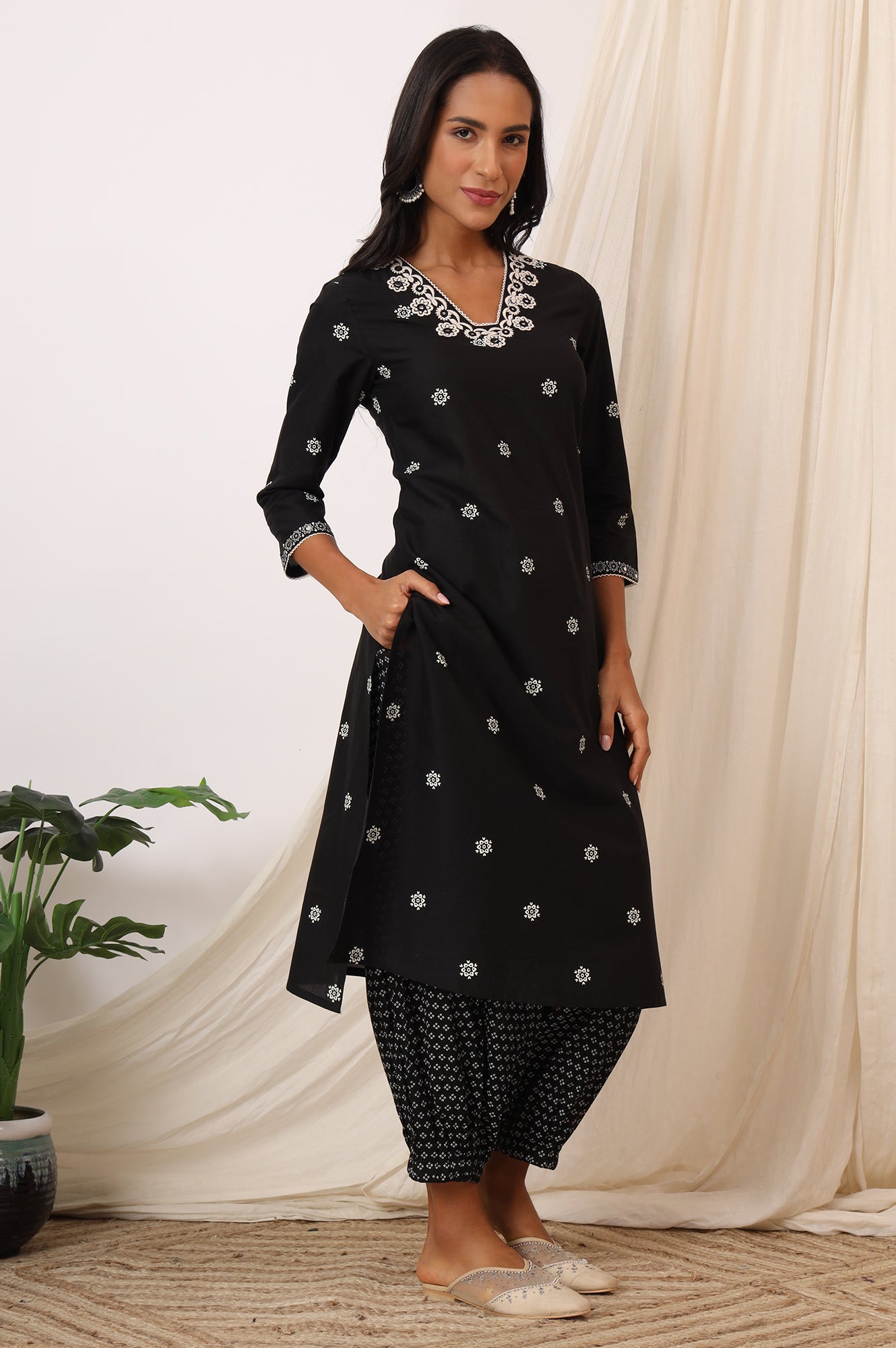 Black Bandhani Printed Pure Cotton Kurta, Pants and Dupatta Set