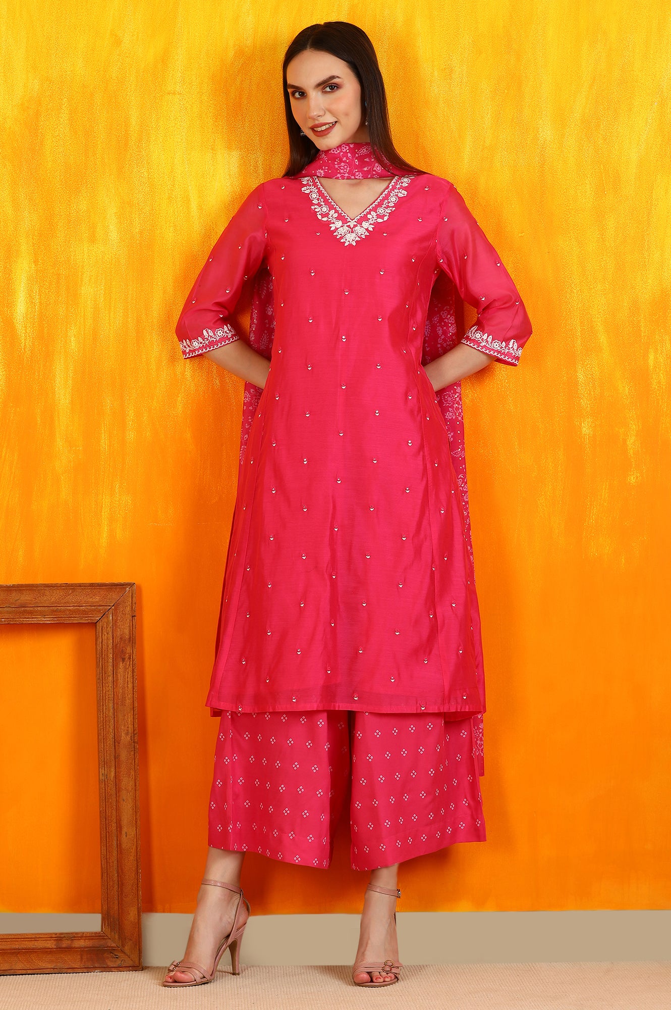 Pink Embroidered Chanderi Panelled Kurta, Cropped Pants and Dupatta Set