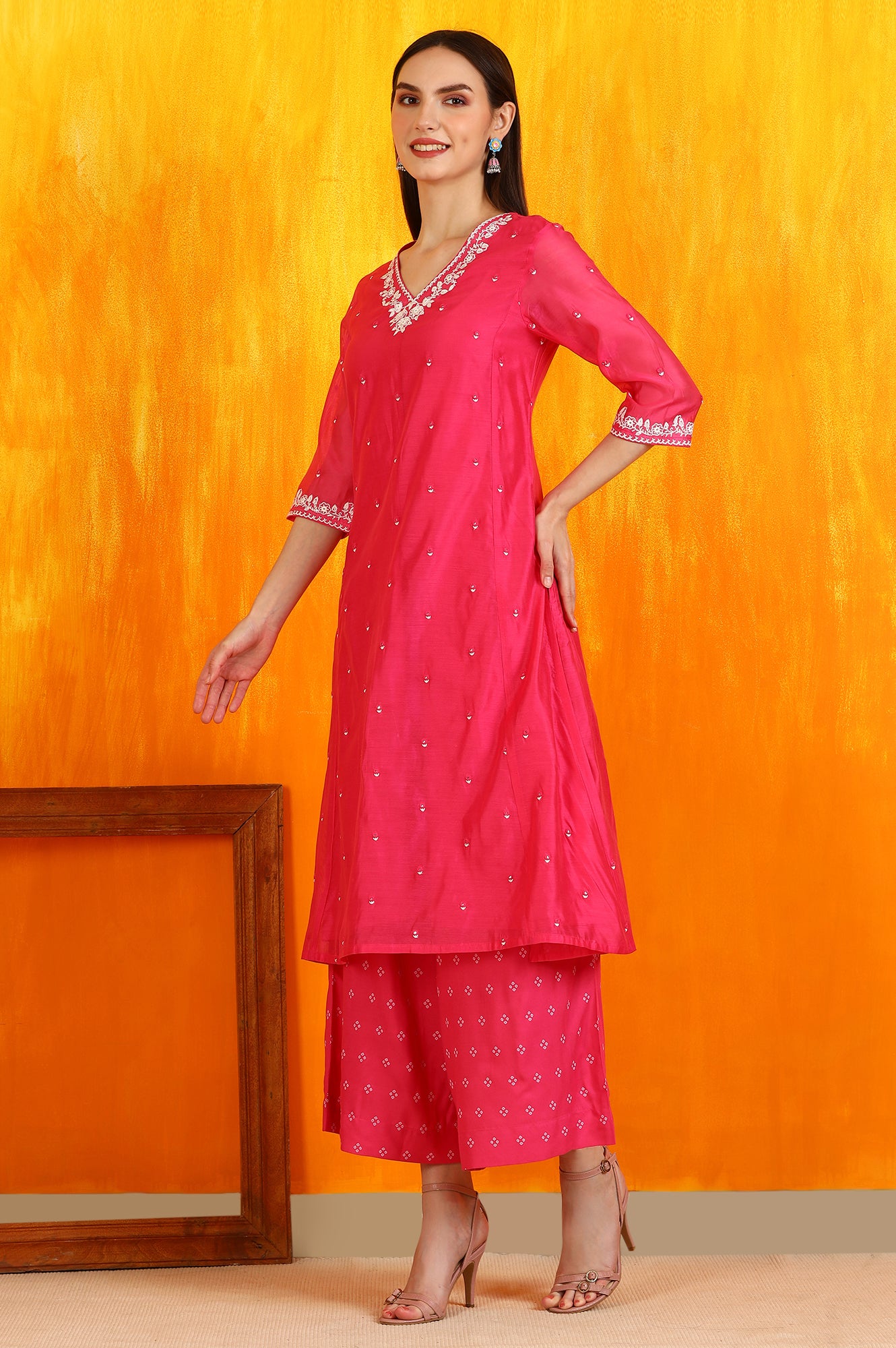 Pink Embroidered Chanderi Panelled Kurta, Cropped Pants and Dupatta Set