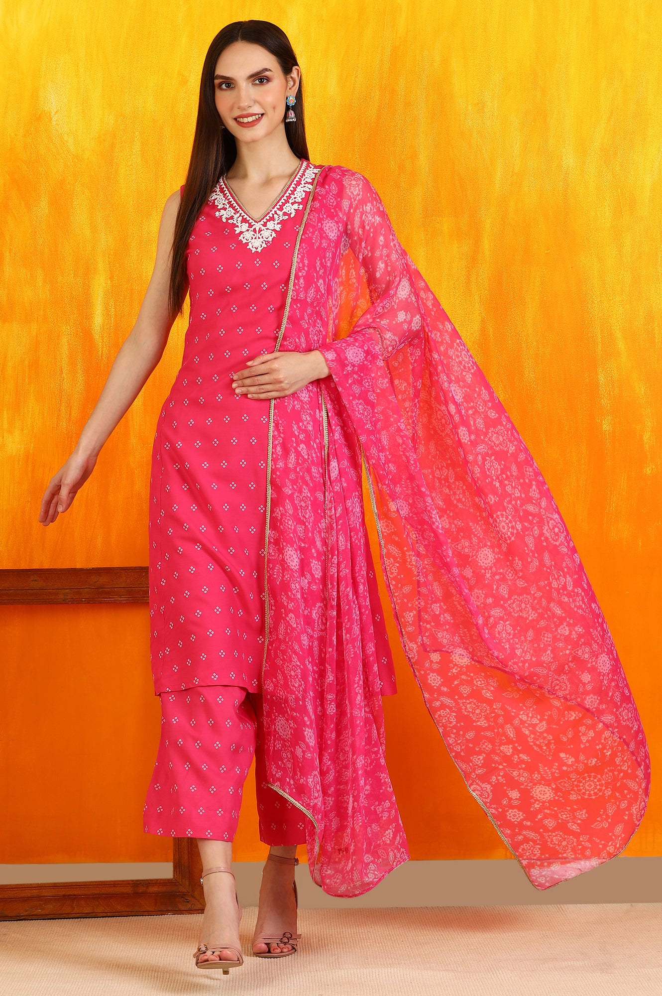 Pink Embroidered Shantung Sleeveless Kurta, Cropped Pants and Dupatta Set