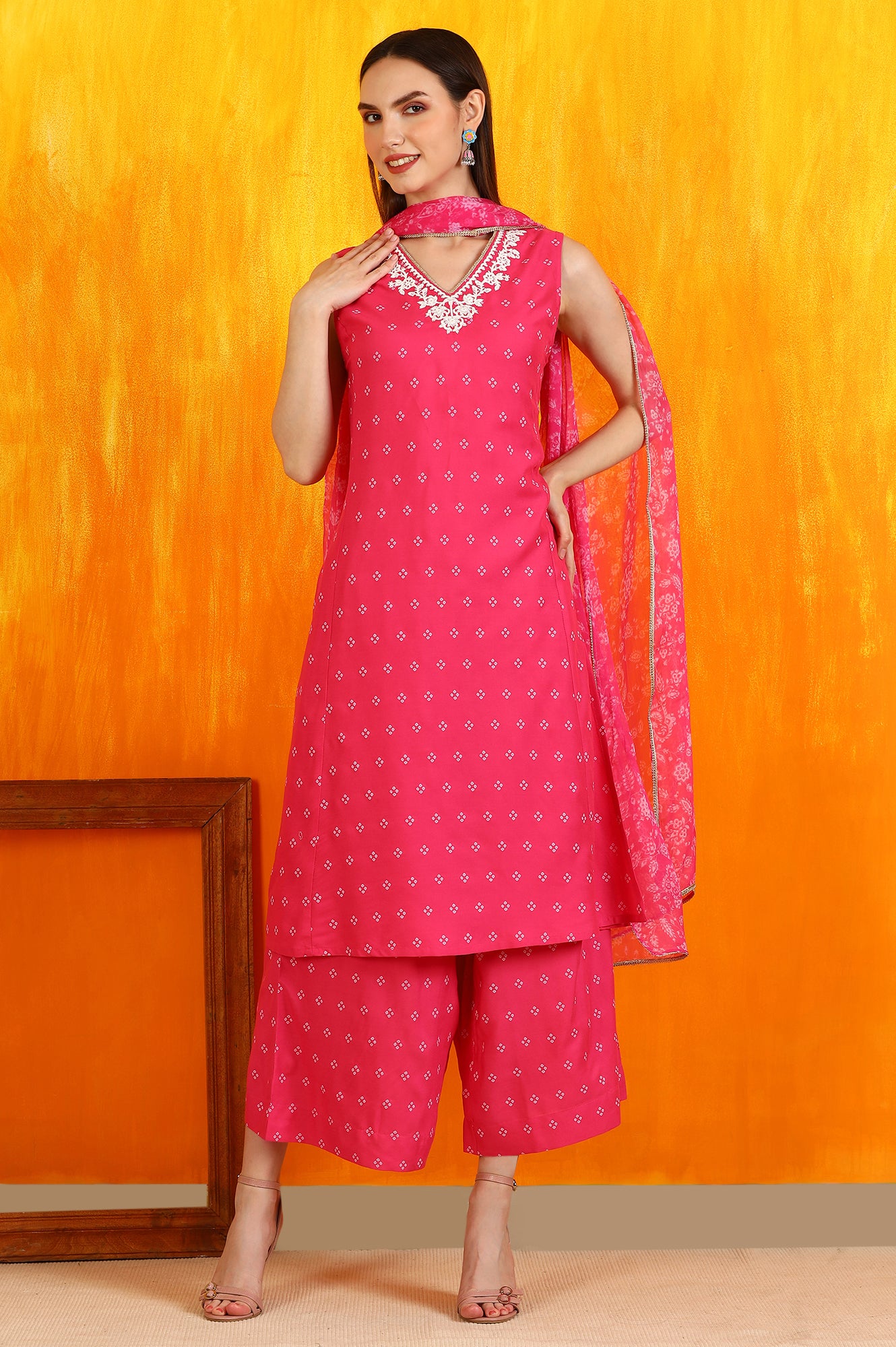 Pink Embroidered Shantung Sleeveless Kurta, Cropped Pants and Dupatta Set