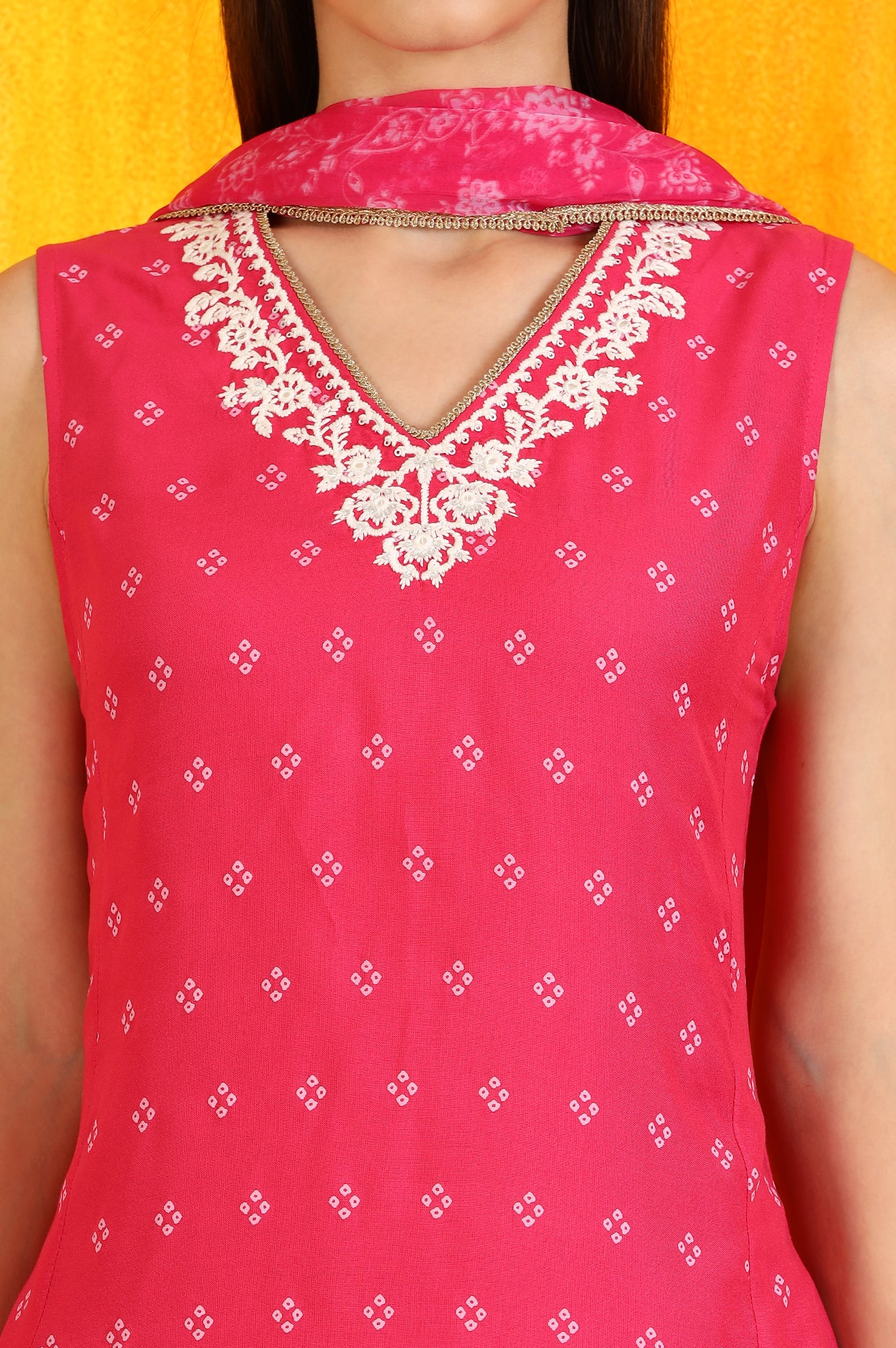 Pink Embroidered Shantung Sleeveless Kurta, Cropped Pants and Dupatta Set