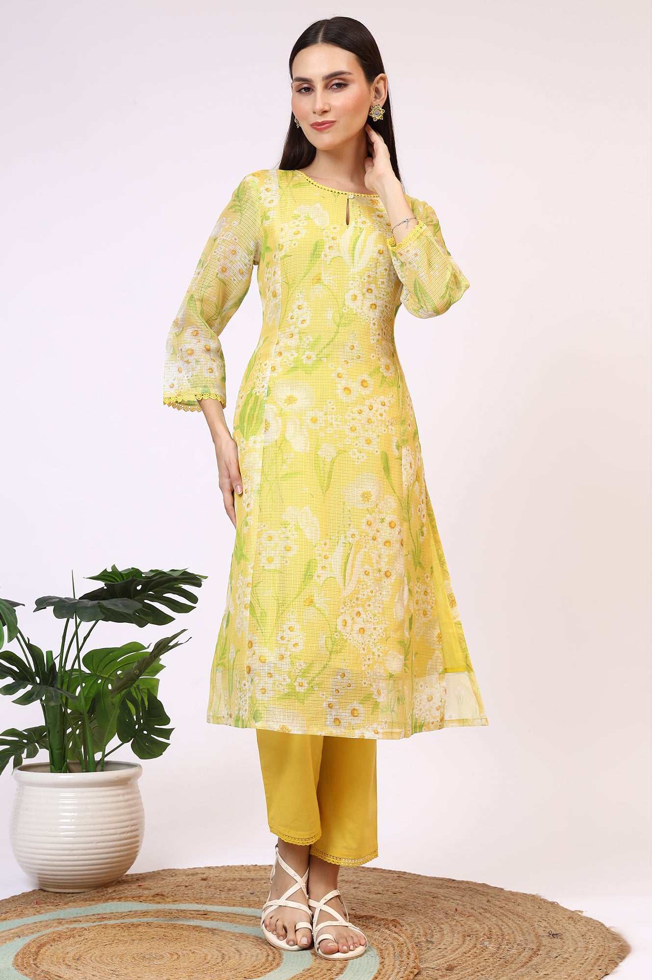 Yellow Floral Printed Straight Kota Kurta and Pants Set