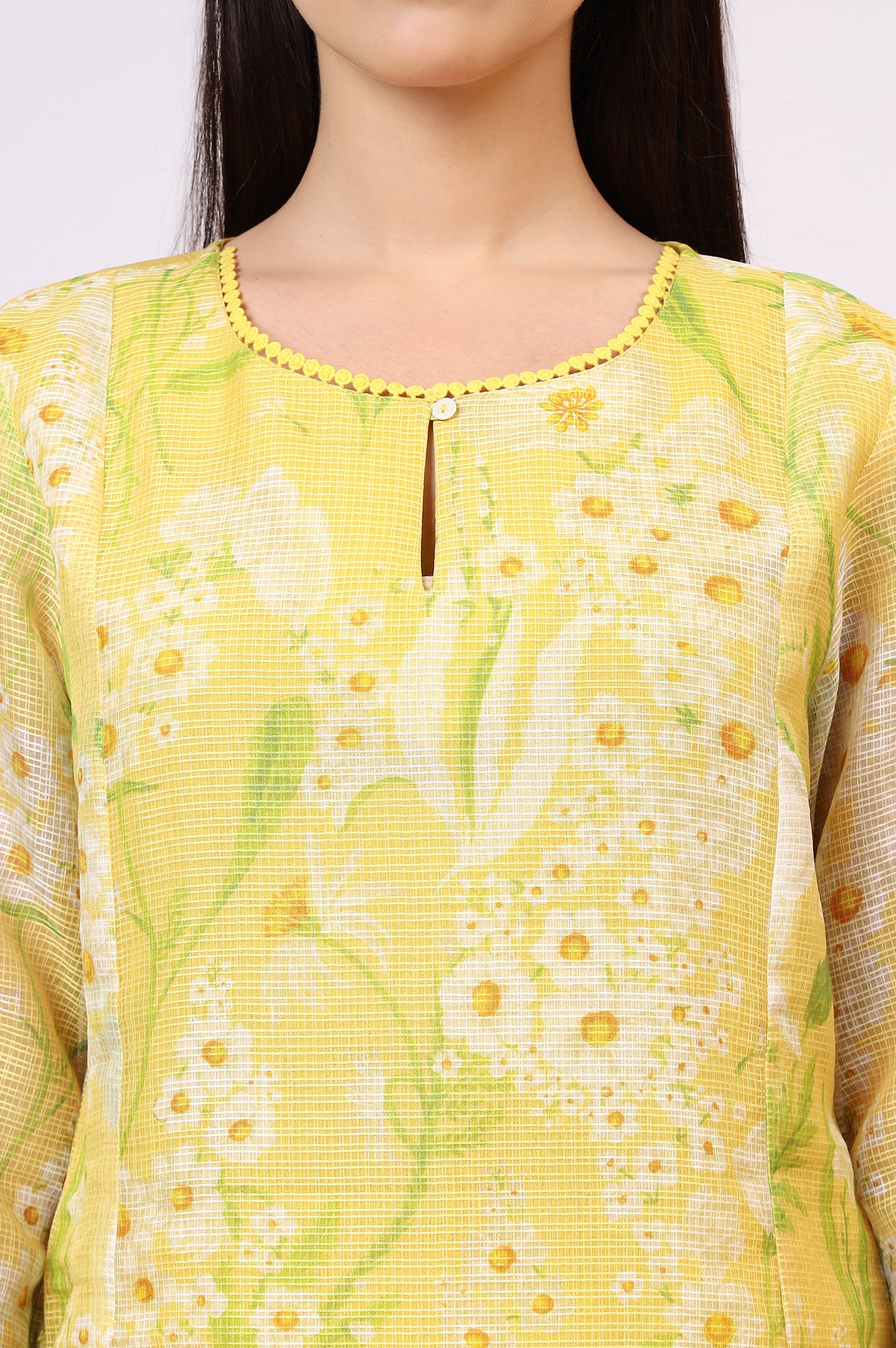 Yellow Floral Printed Straight Kota Kurta and Pants Set