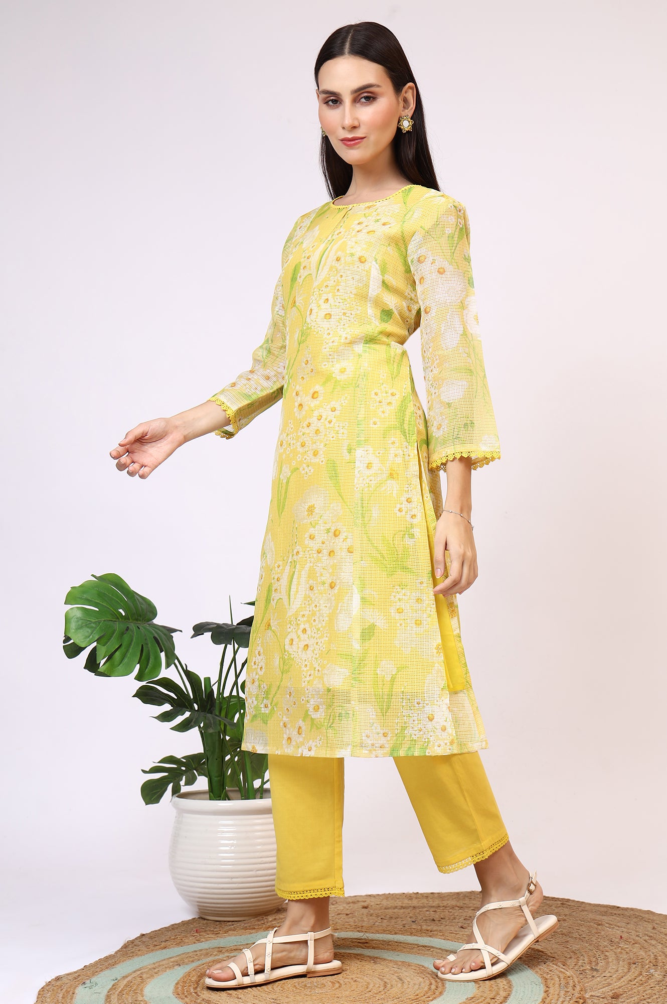 Yellow Floral Printed Straight Kota Kurta and Pants Set