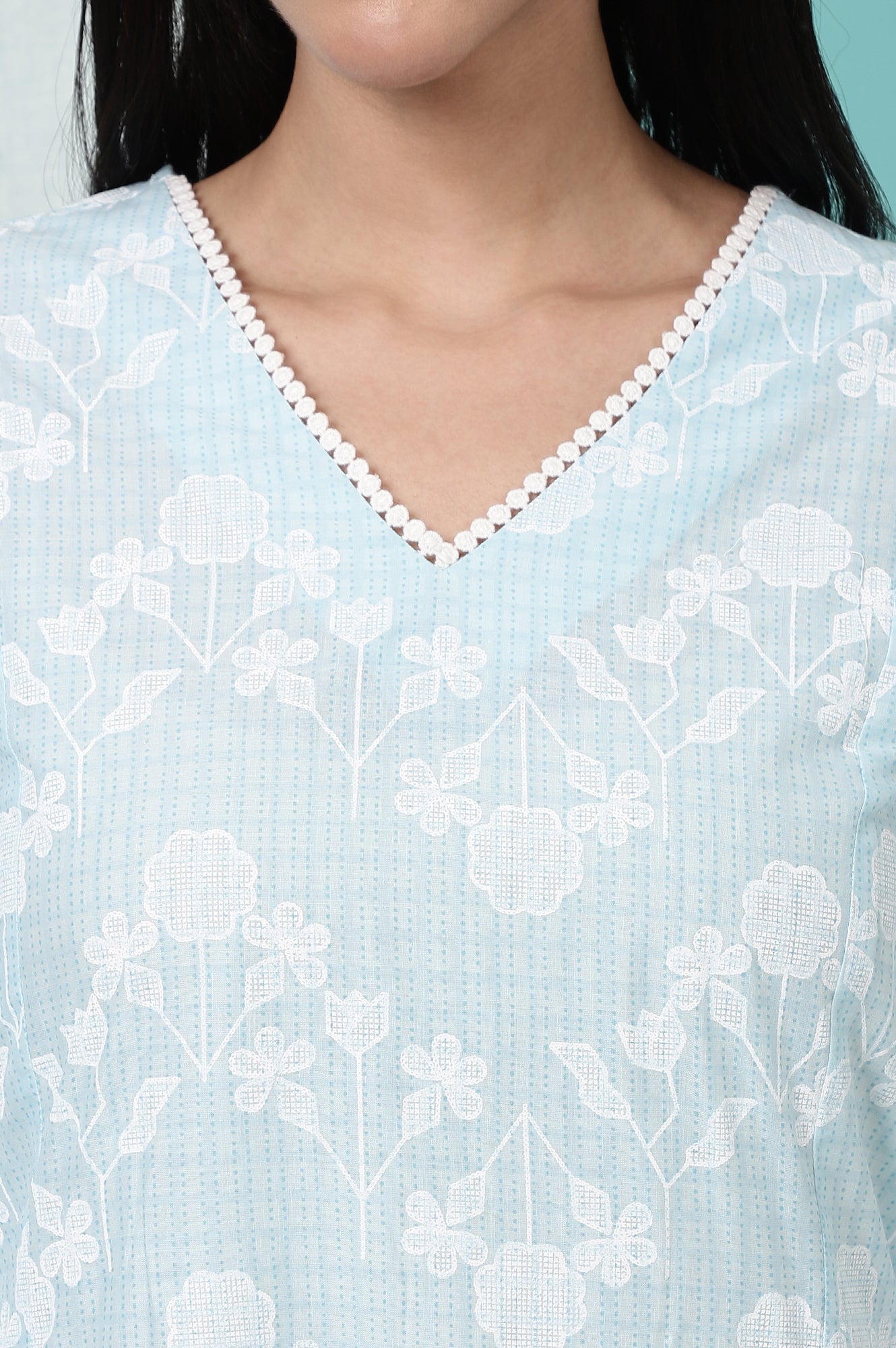 Sky Blue Floral Printed Pure Cotton Straight Kurta and Pants Co-ord Set