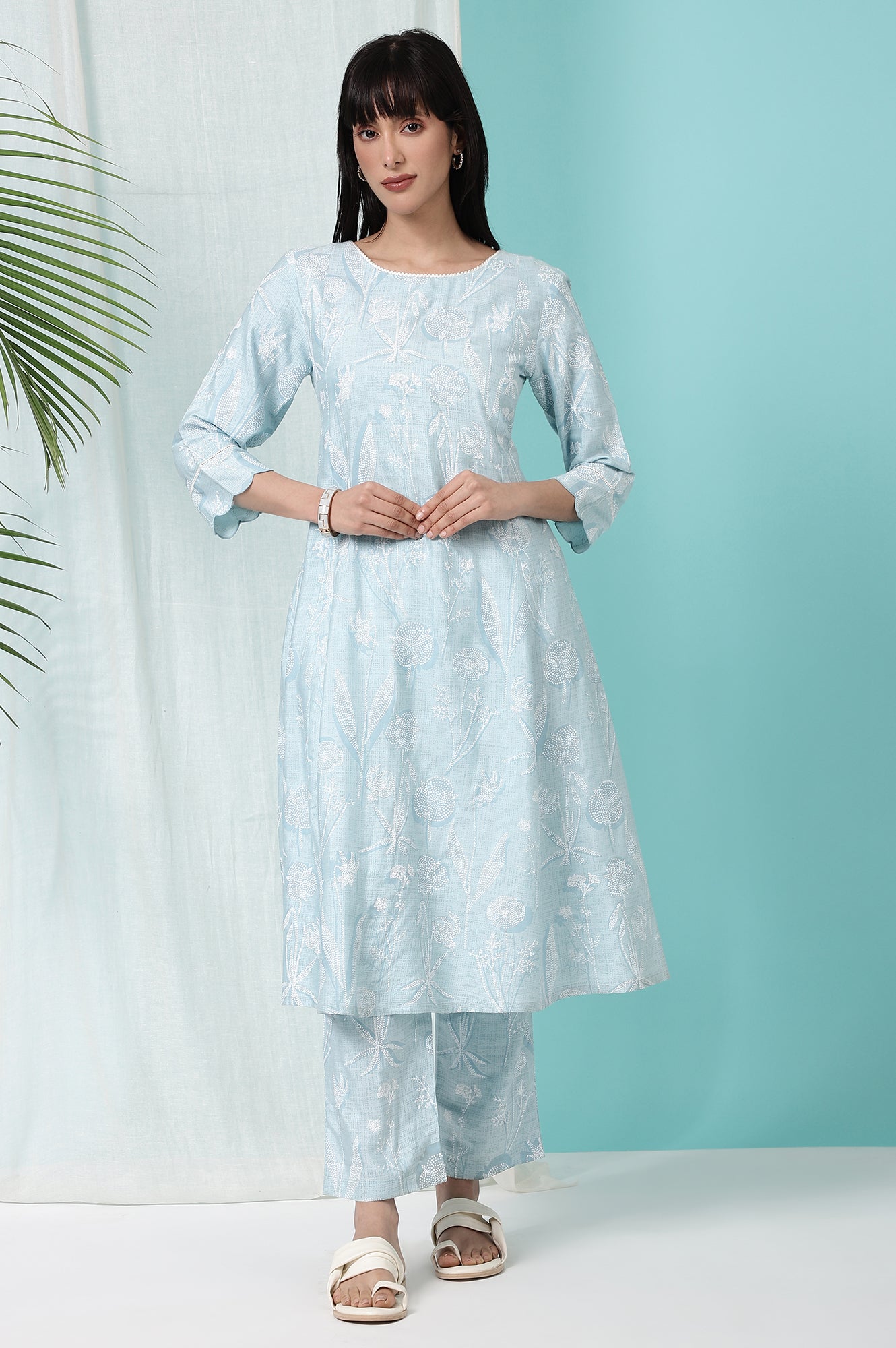 Sky Blue Floral Printed A-line Kurta and Pants Co-ord Set