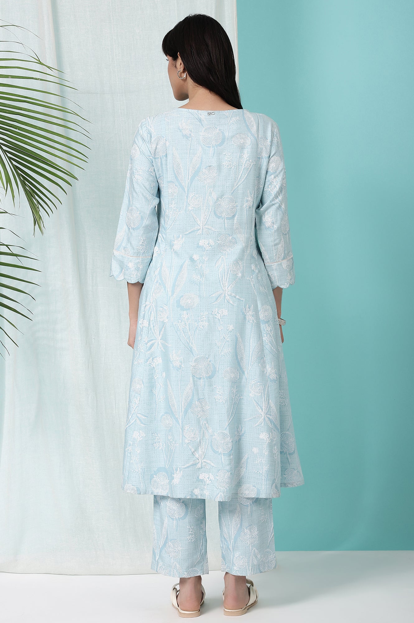 Sky Blue Floral Printed A-line Kurta and Pants Co-ord Set