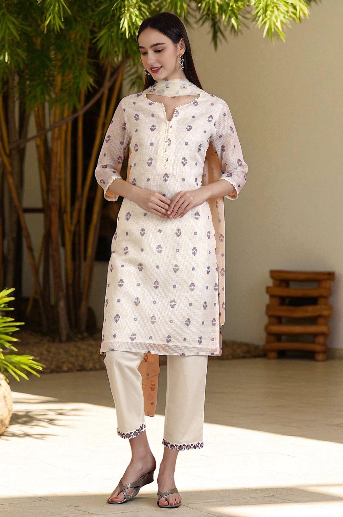 Light Beige Floral Printed Straight Kota Kurta, Pants and Dupatta Set