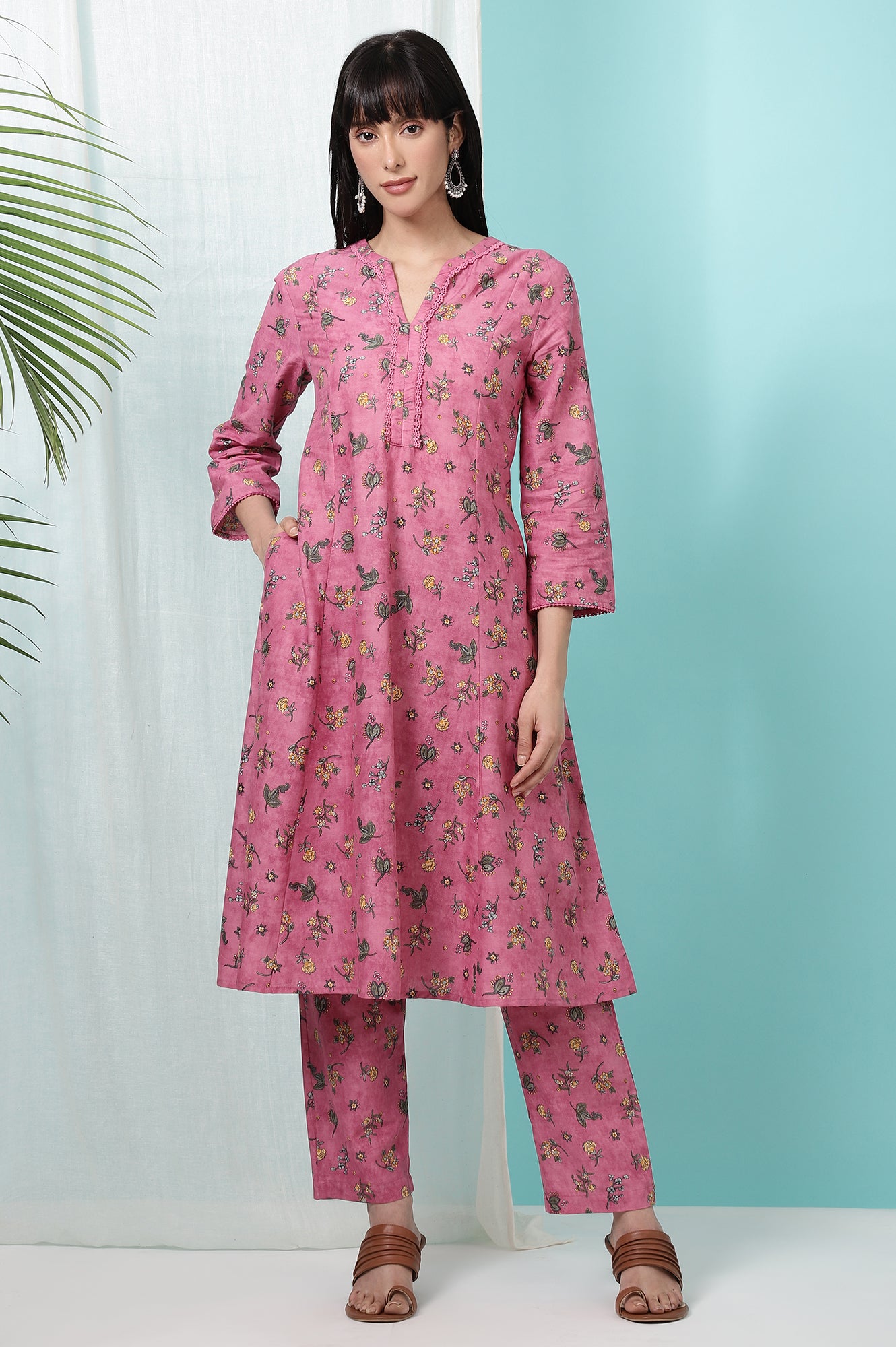 Pink Floral Printed Pure Cotton A-line Kurta and Pants Co-ord Set
