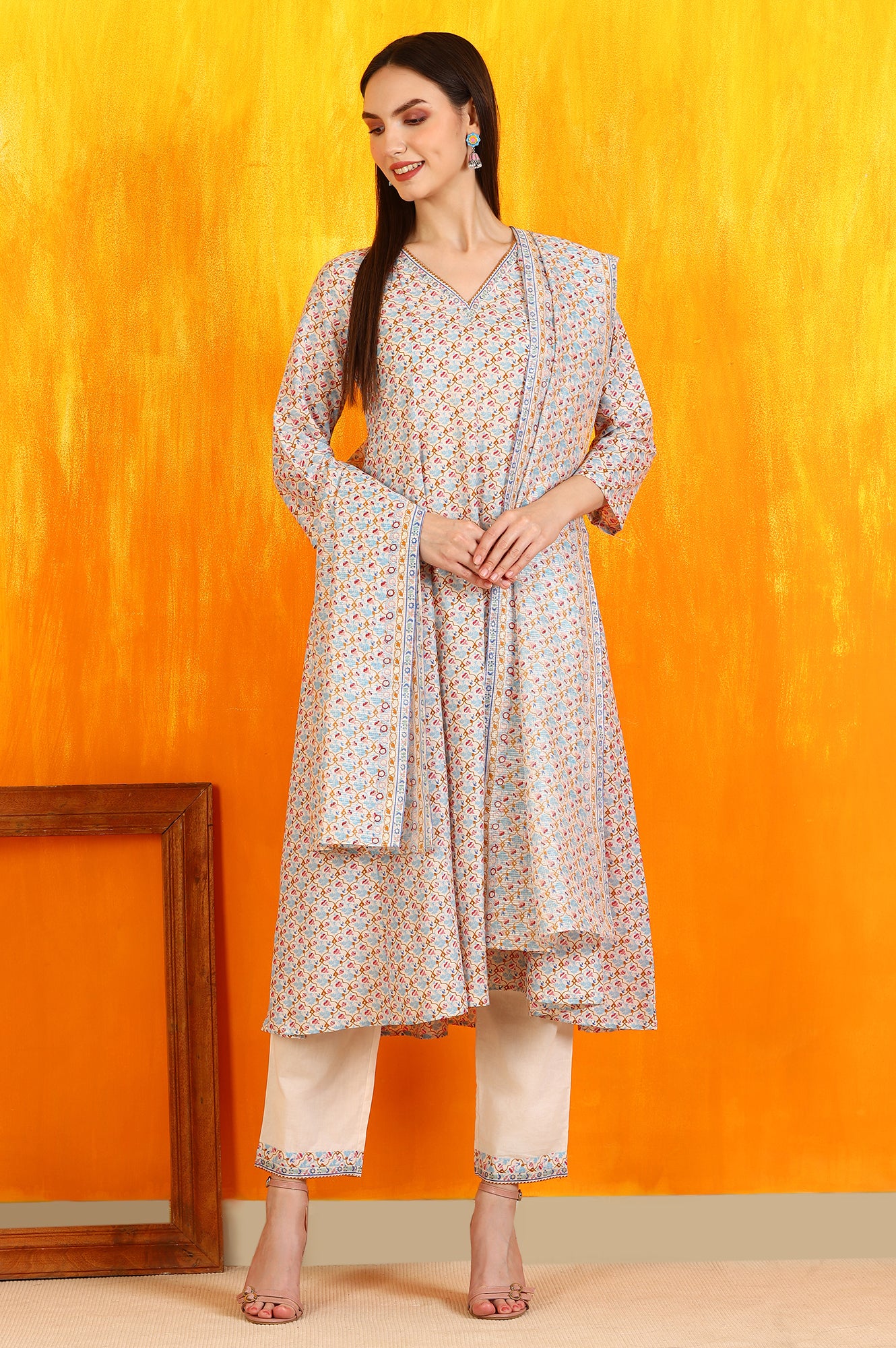 Off-White Floral Printed Pure Cotton Flared Kurta, Pants and Dupatta Set