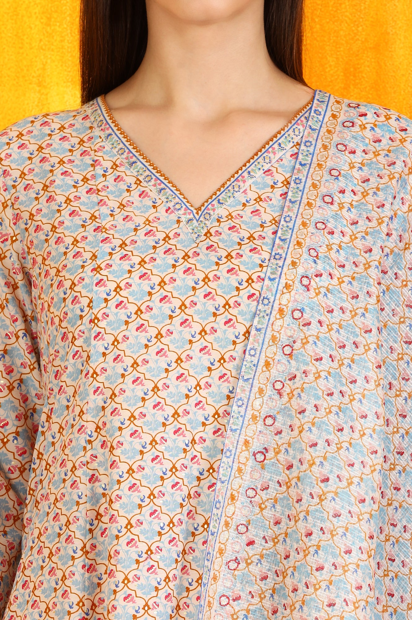 Off-White Floral Printed Pure Cotton Flared Kurta, Pants and Dupatta Set