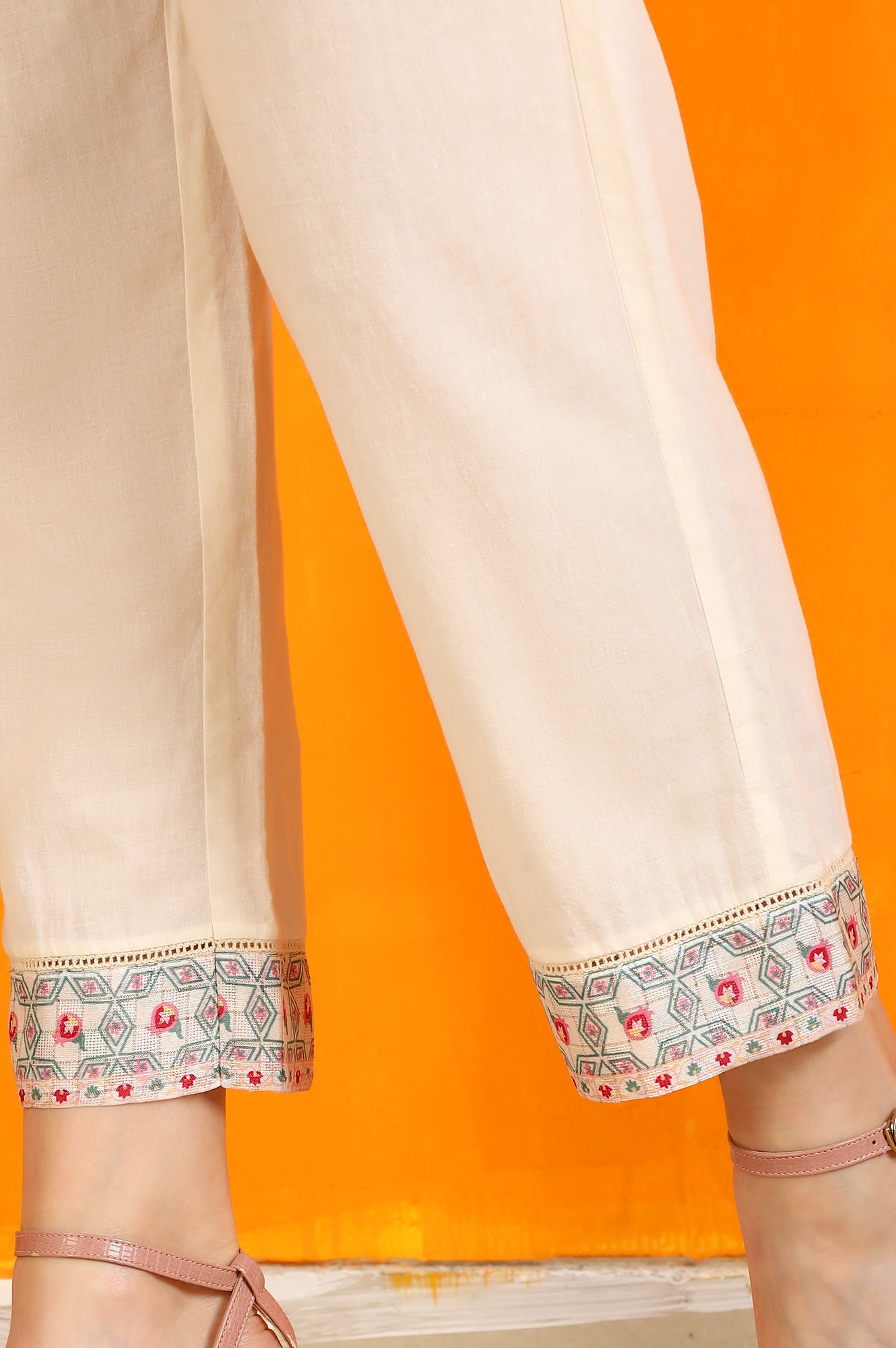 Off-White Floral Printed Pure Cotton Flared Kurta, Pants and Dupatta Set