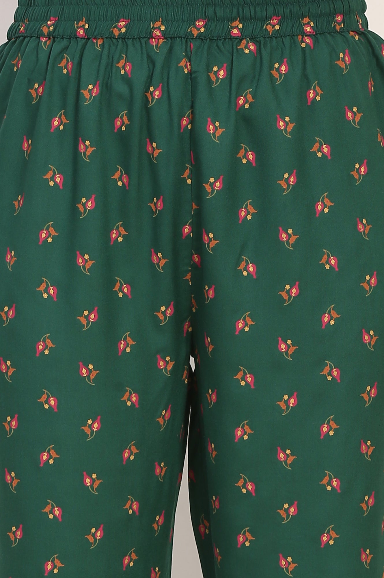 Dark Green Floral Printed Flared Chanderi Kurta, Straight Pant and Dupatta Co-ord Set