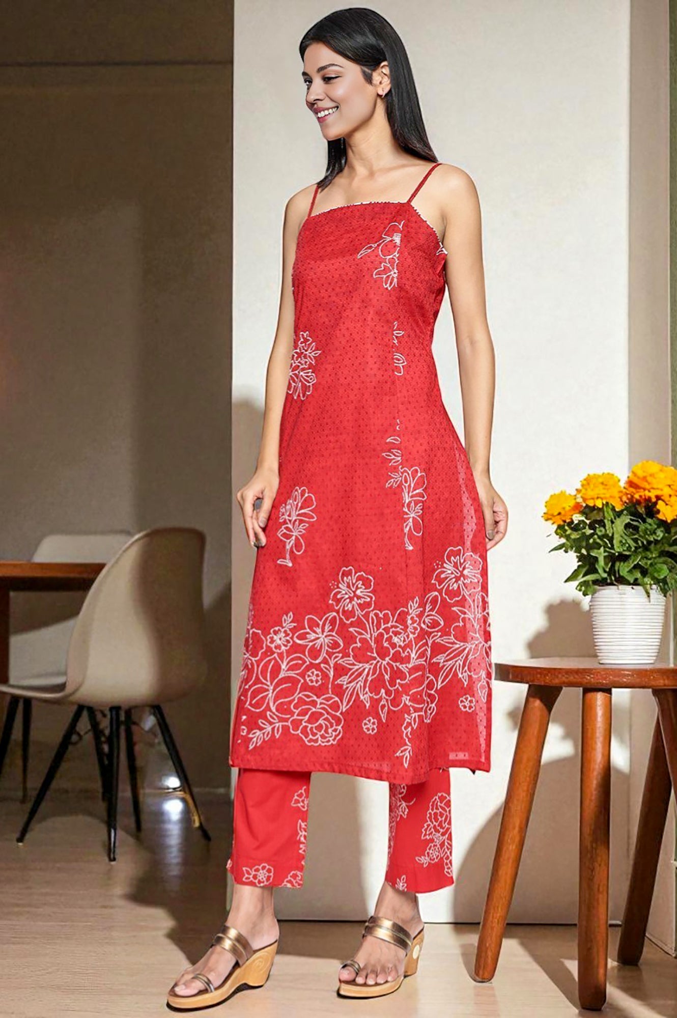 Carmine Red Printed Pure Cotton Straight Kurta, Straight Pant and Dupatta Set