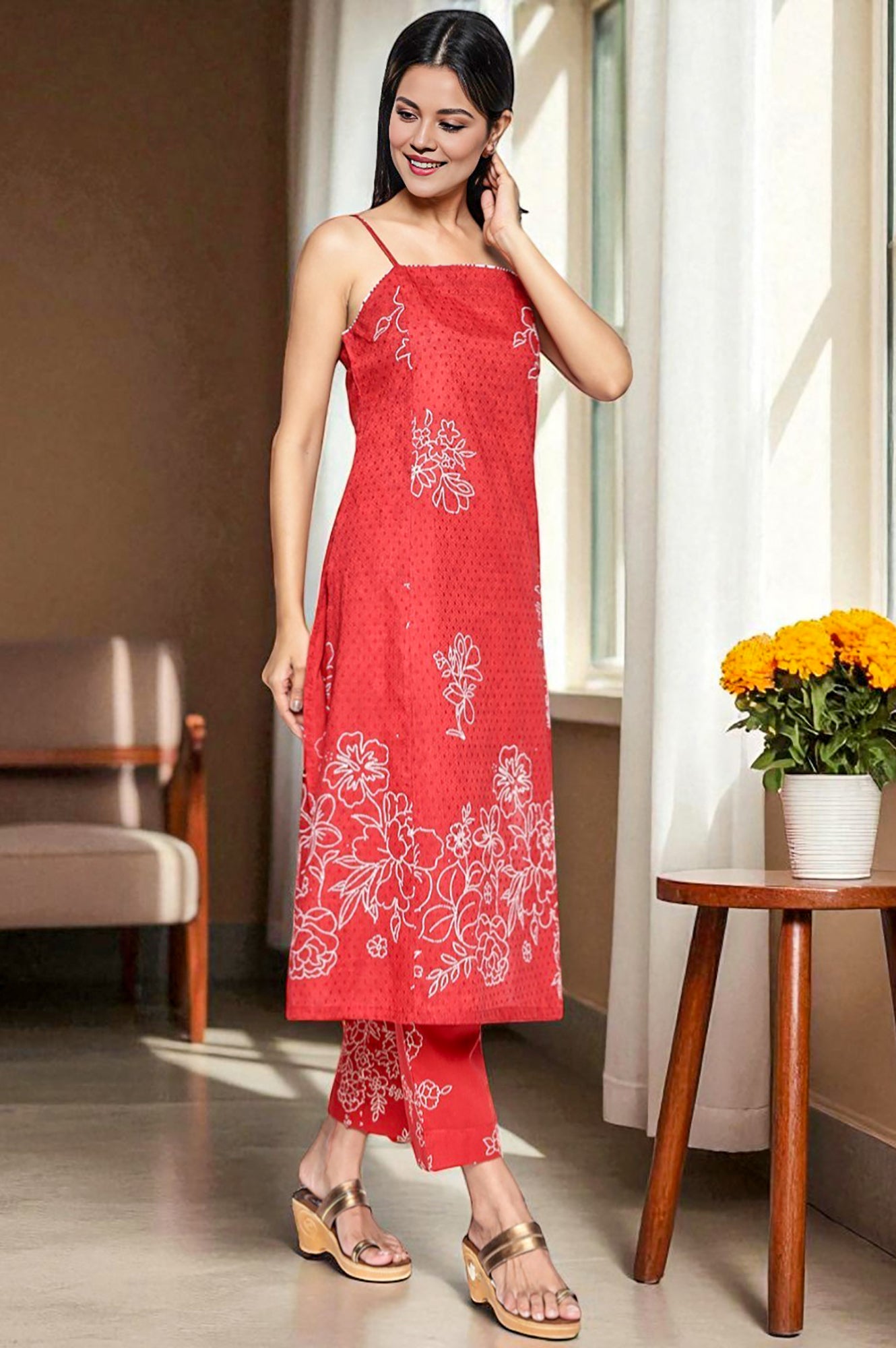Carmine Red Printed Pure Cotton Straight Kurta, Straight Pant and Dupatta Set