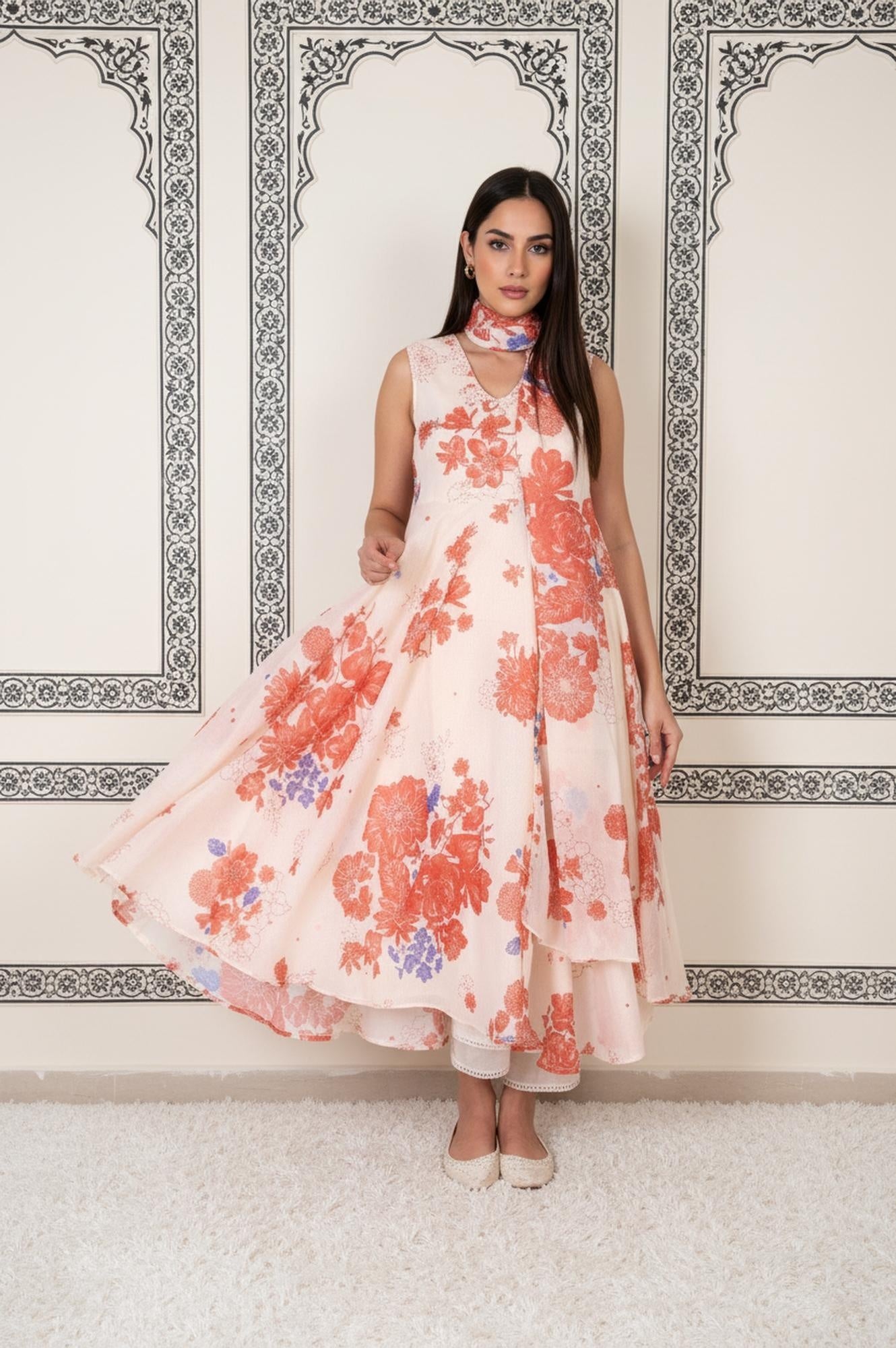 Peach Floral Printed Flared Chanderi Kurta with Straight Pant and Dupatta Set