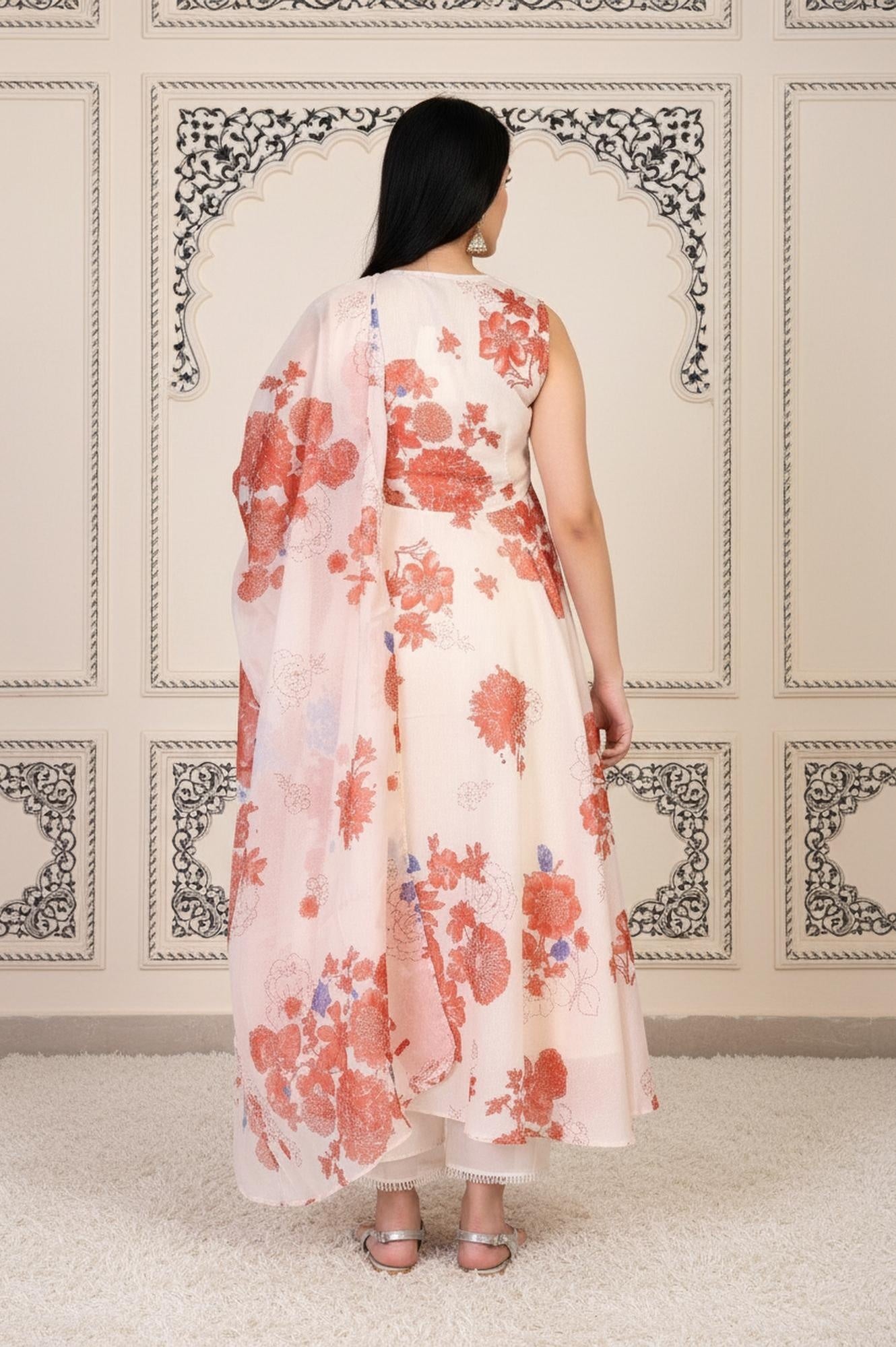 Peach Floral Printed Flared Chanderi Kurta with Straight Pant and Dupatta Set
