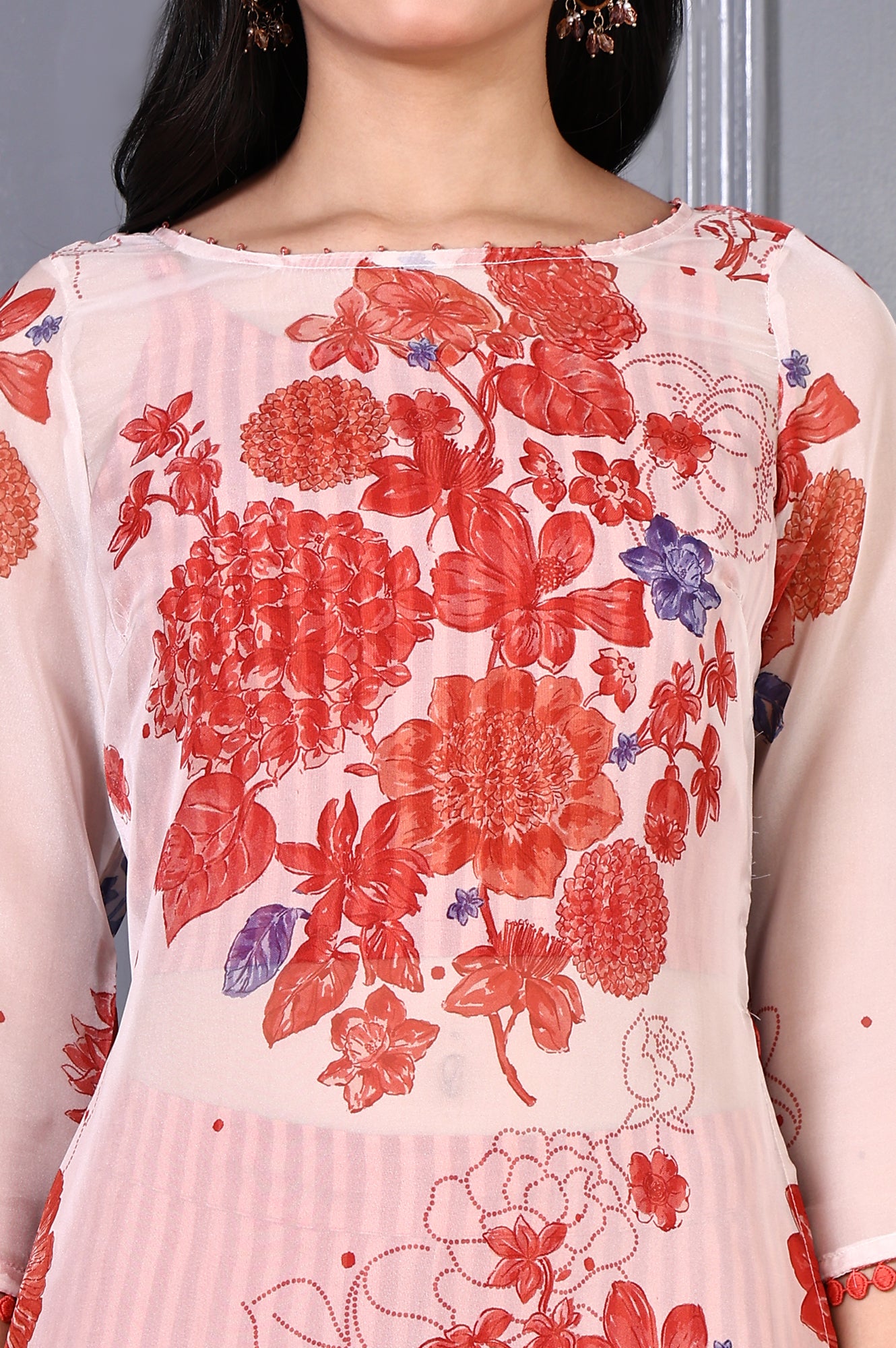 Orange Floral Printed Lace Organza A-line Sheer Kurta, Crop Top and Pants Set