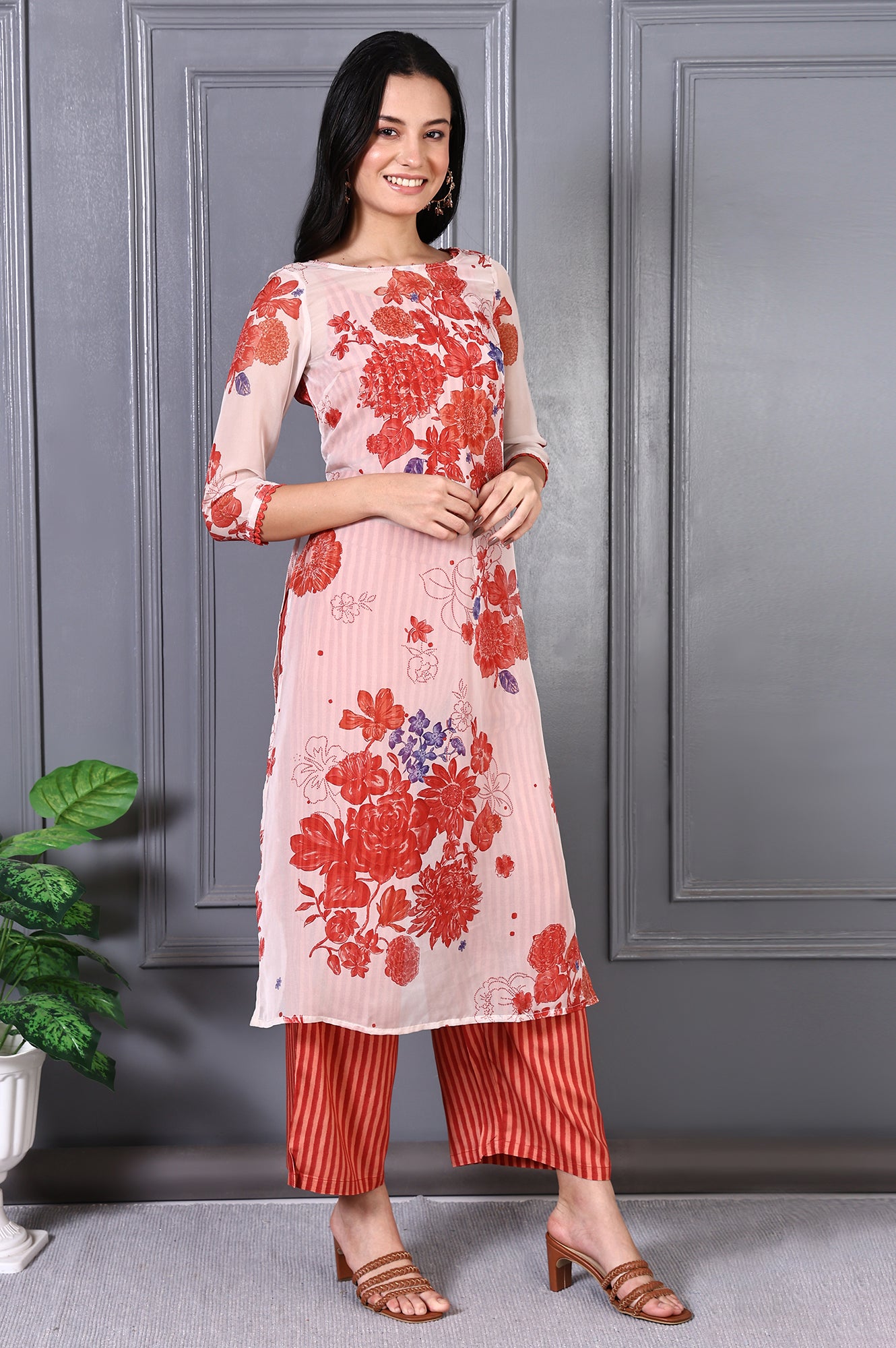 Orange Floral Printed Lace Organza A-line Sheer Kurta, Crop Top and Pants Set