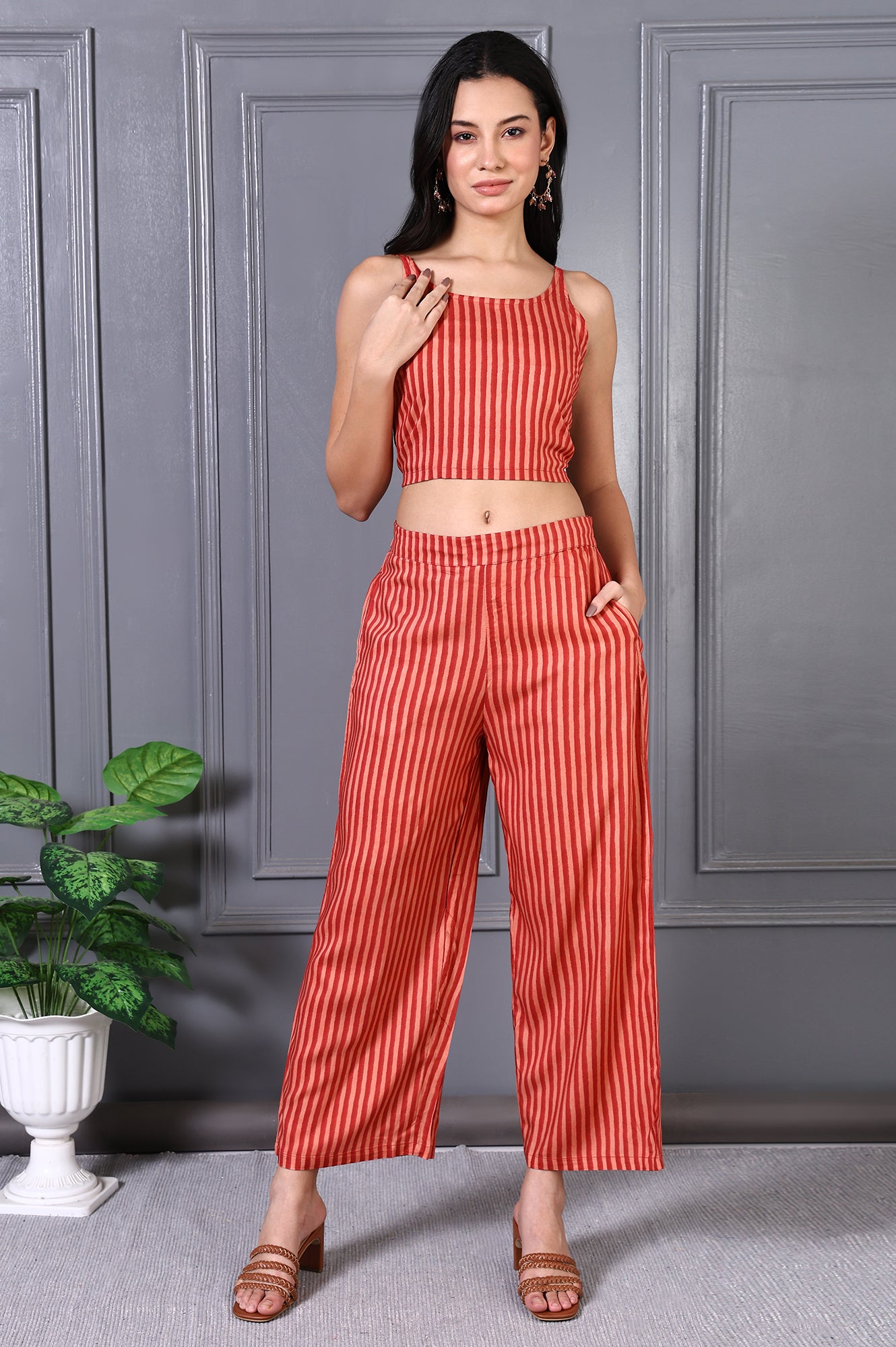 Orange Floral Printed Lace Organza A-line Sheer Kurta, Crop Top and Pants Set