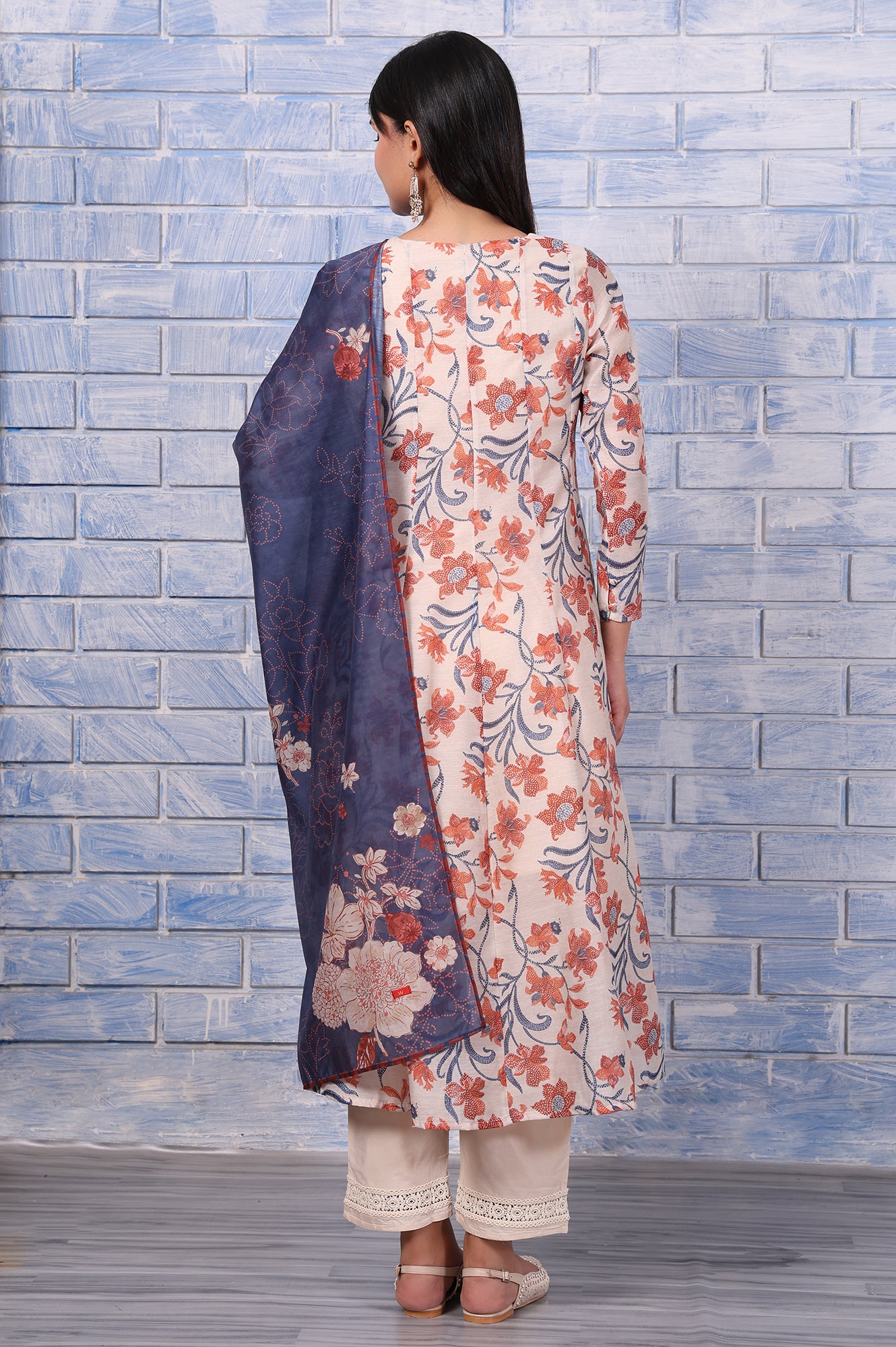 Brown Floral Printed Beads Chanderi Flared Kurta, Straight Pant And Dupatta Set