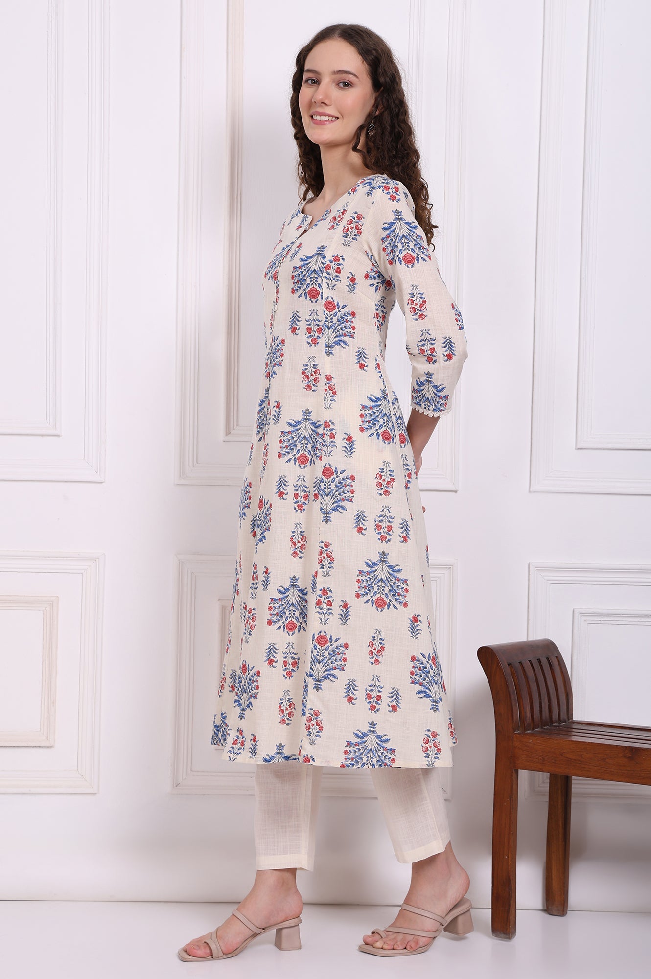 White Floral Printed Pure Cotton Flared Kurta, Pants and Dupatta Set