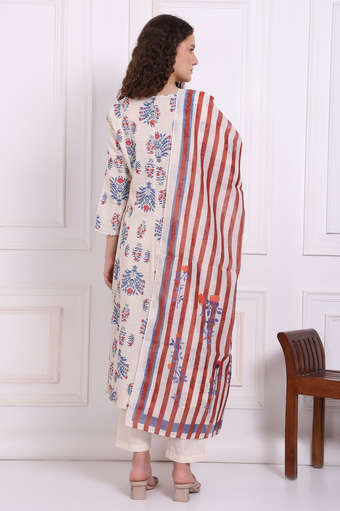 White Floral Printed Pure Cotton Flared Kurta, Pants and Dupatta Set