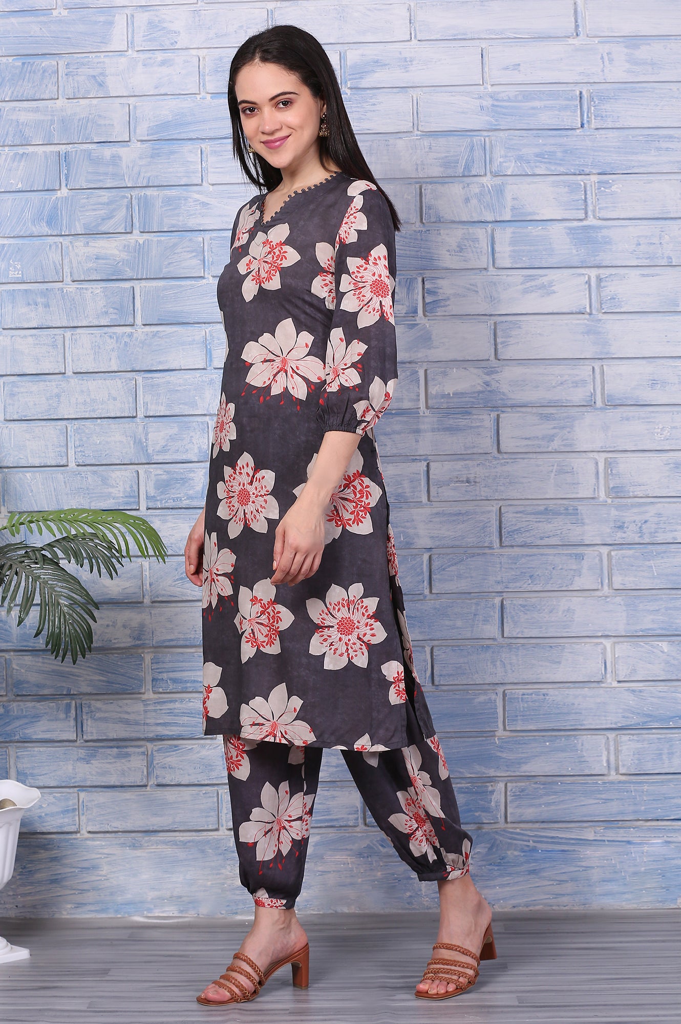 Charcoal Grey Floral Printed Straight Kurta, Pants and Dupatta Set