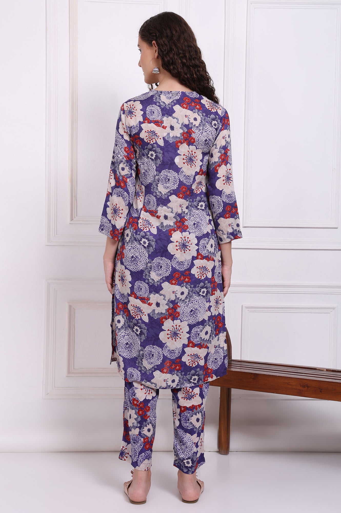 Purple Floral Printed Modal Straight Kurta and Pants Co-ord Set
