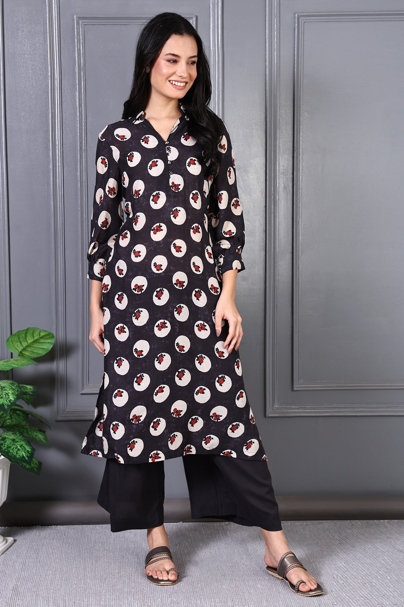 Grey Floral Printed Modal A-line Kurta and Pants Set