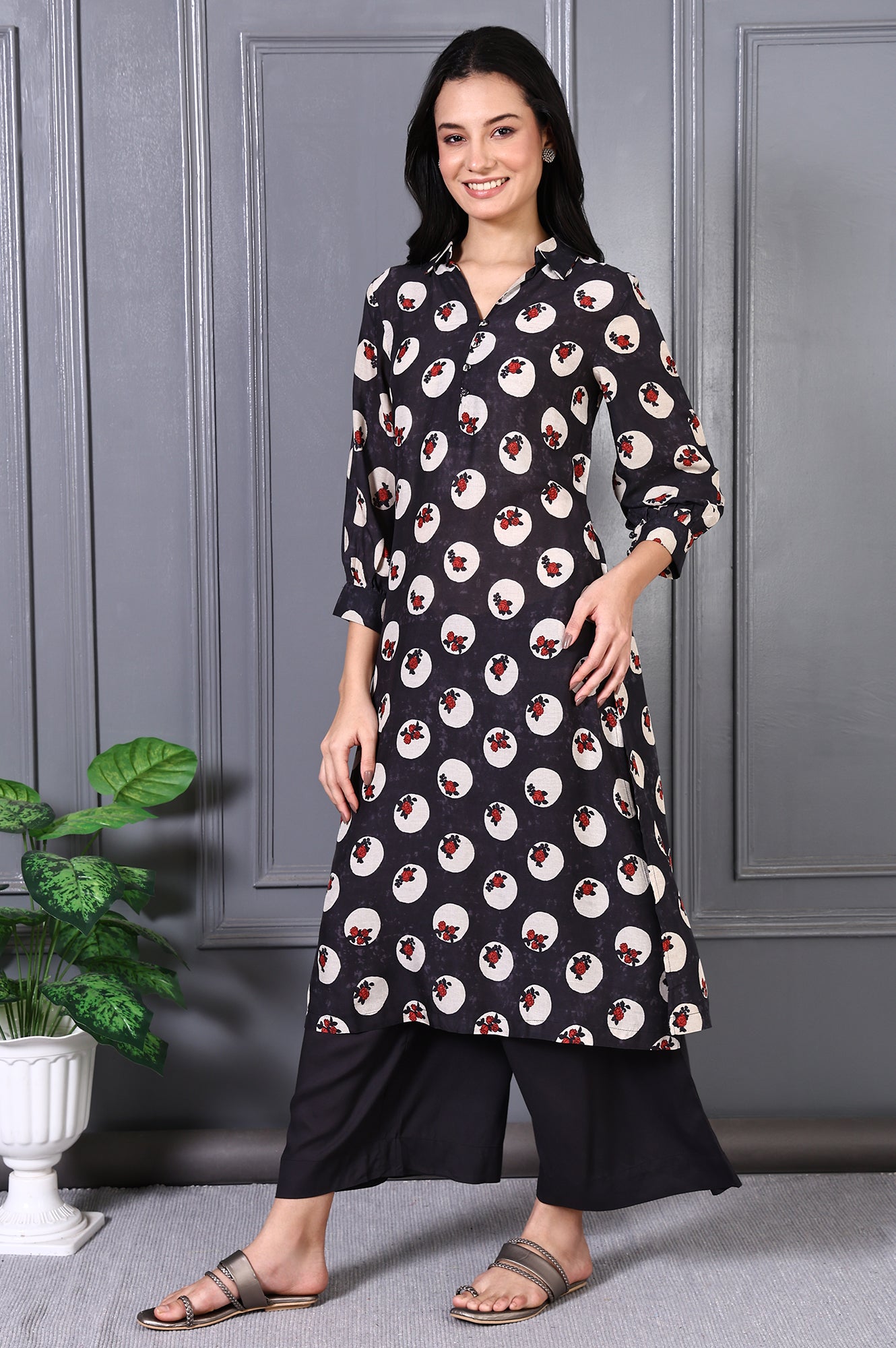 Grey Floral Printed Modal A-line Kurta and Pants Set
