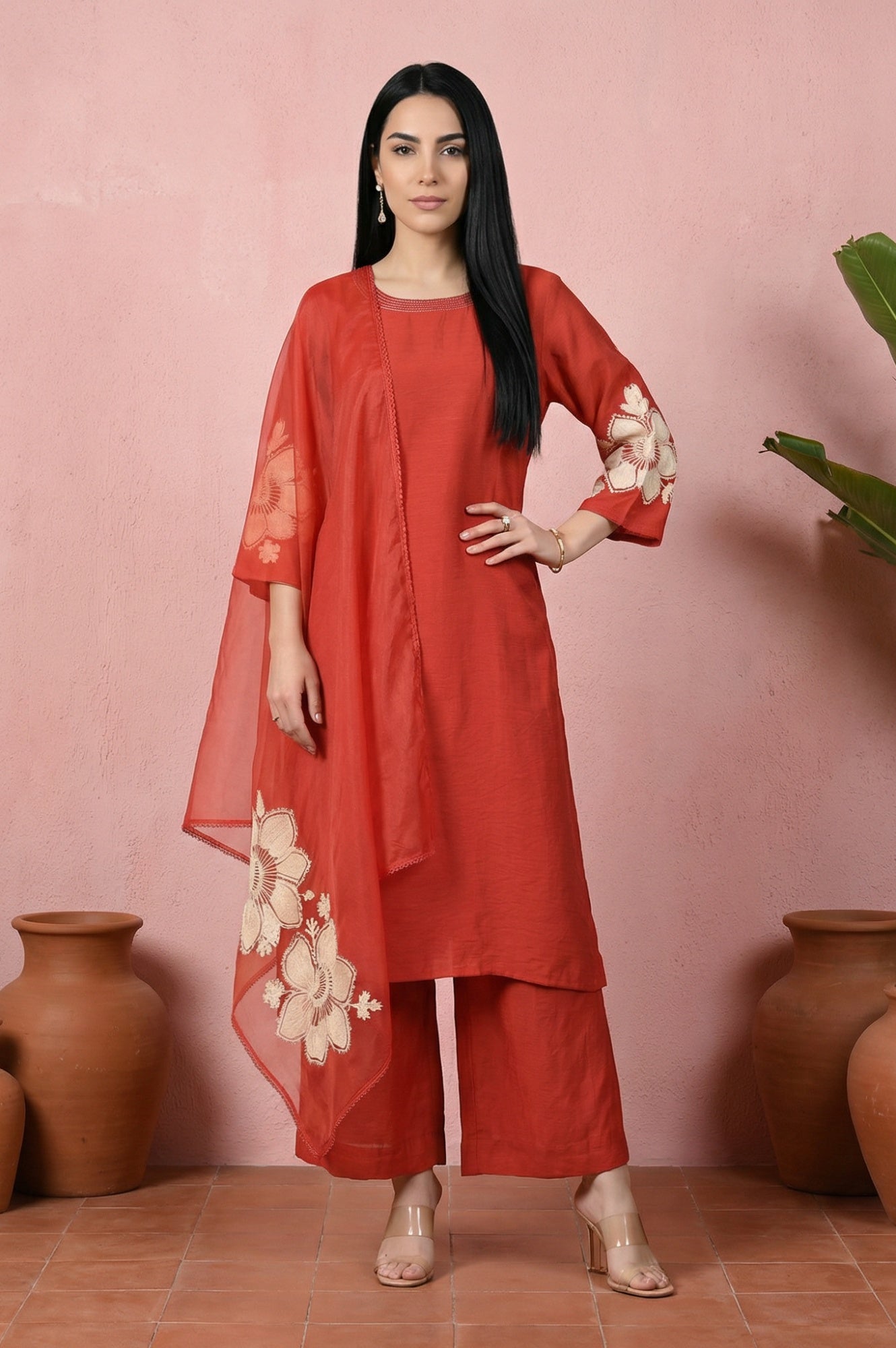 Red Thread Embroidered Straight Kurta with Flared Pants and Dupatta Set
